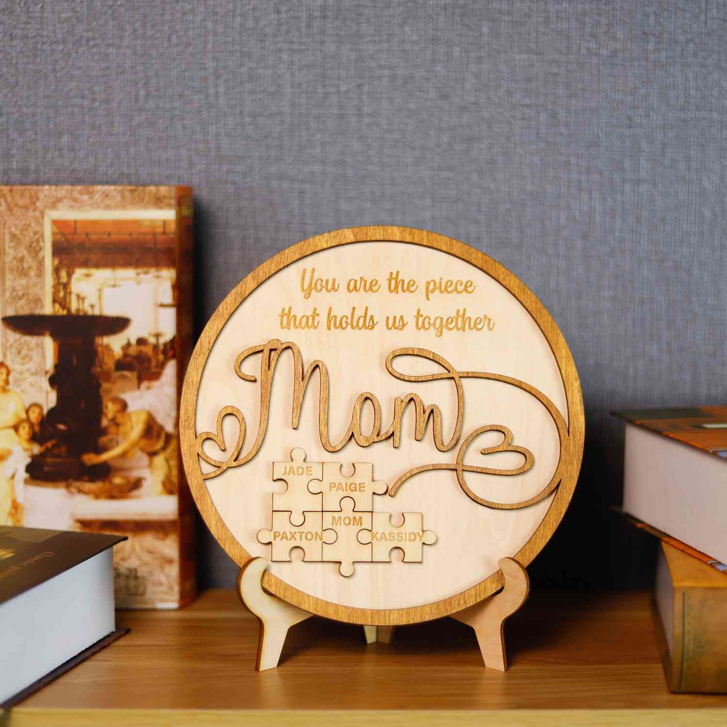 Personalized Mom Puzzle Piece Round Sign,Engraved Mom Wood Sign for Mom Grandma
