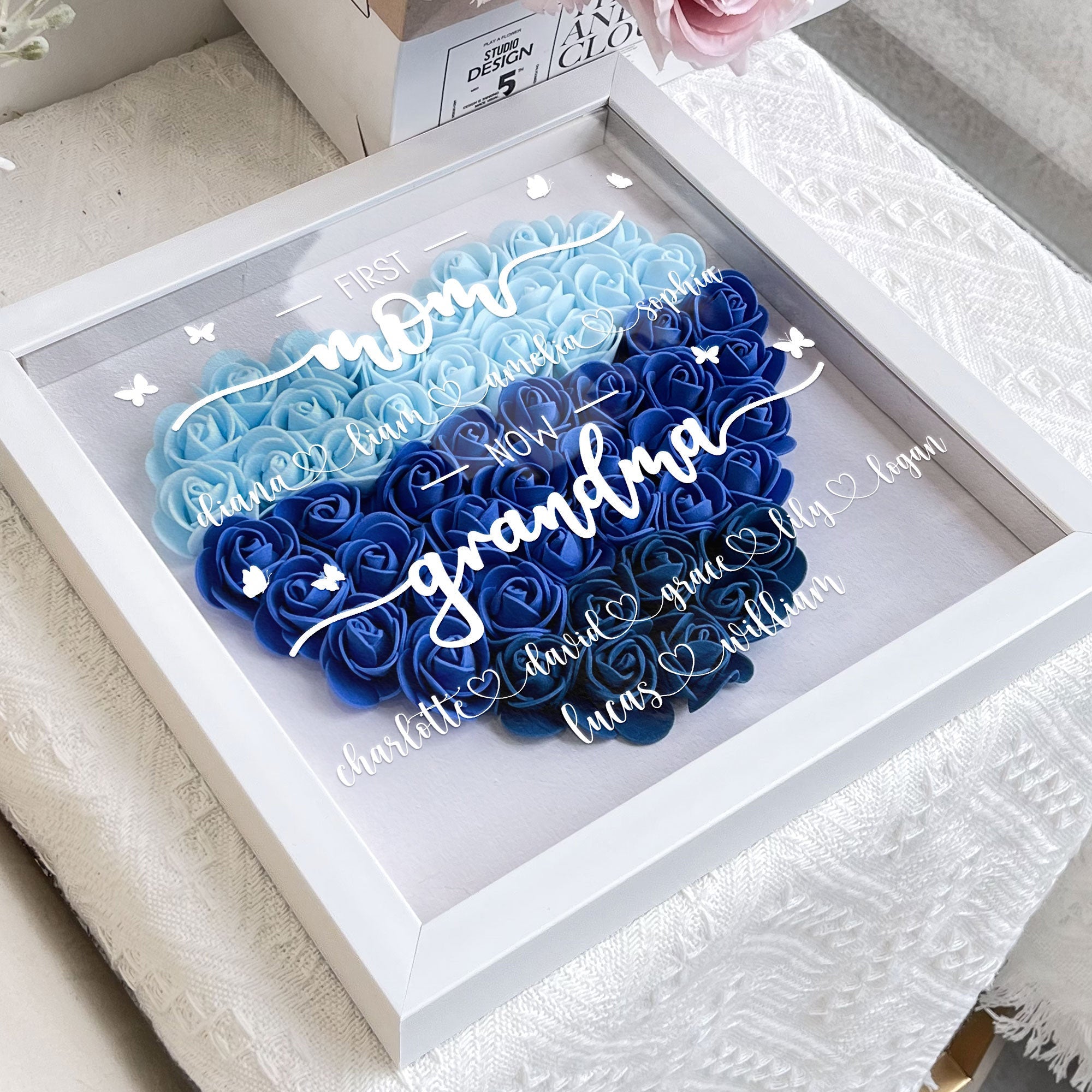 Personalized First Mom Now Grandma Flower Shadow Box, Shadowbox Heart Mom Frame Gift