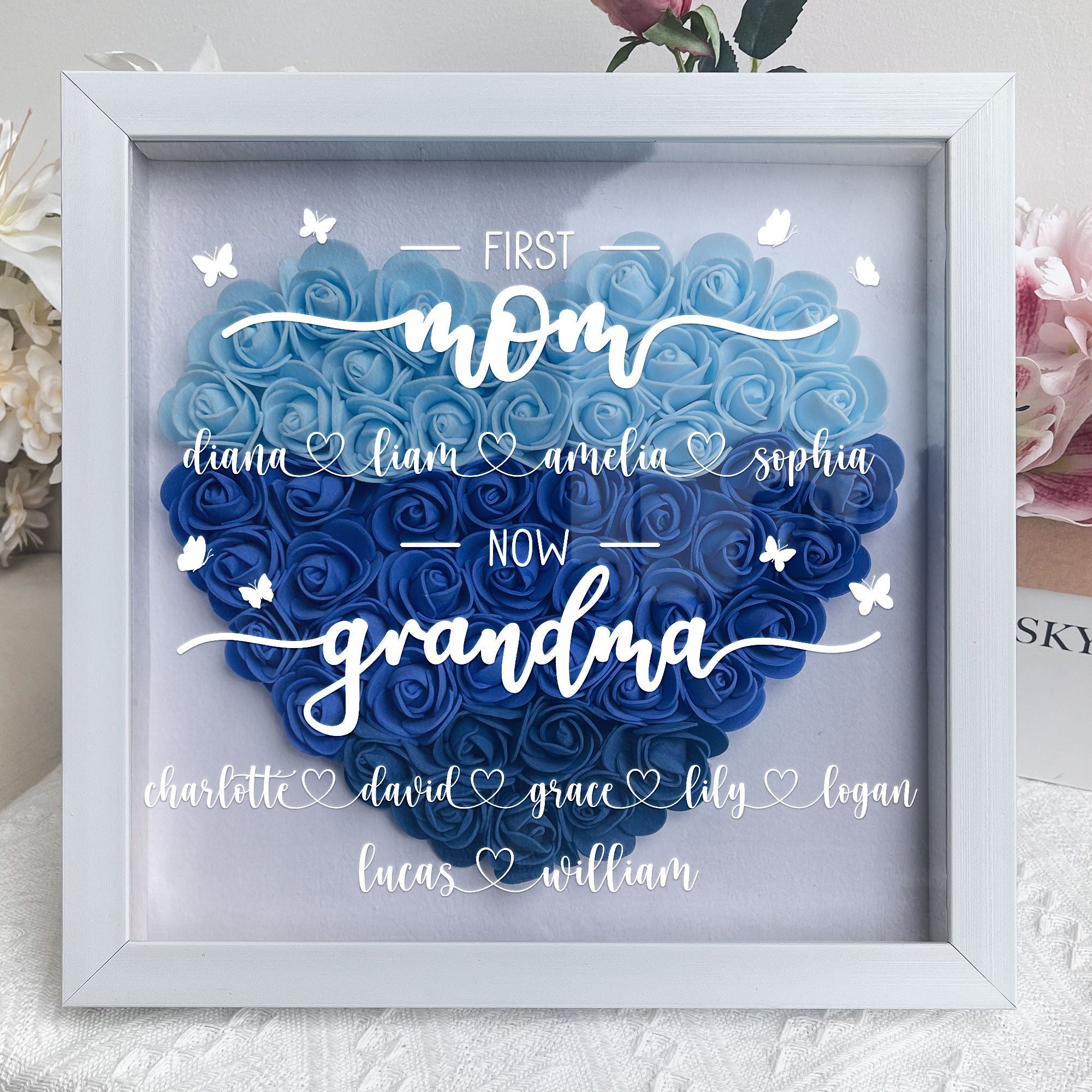 Personalized First Mom Now Grandma Flower Shadow Box, Shadowbox Heart Mom Frame Gift