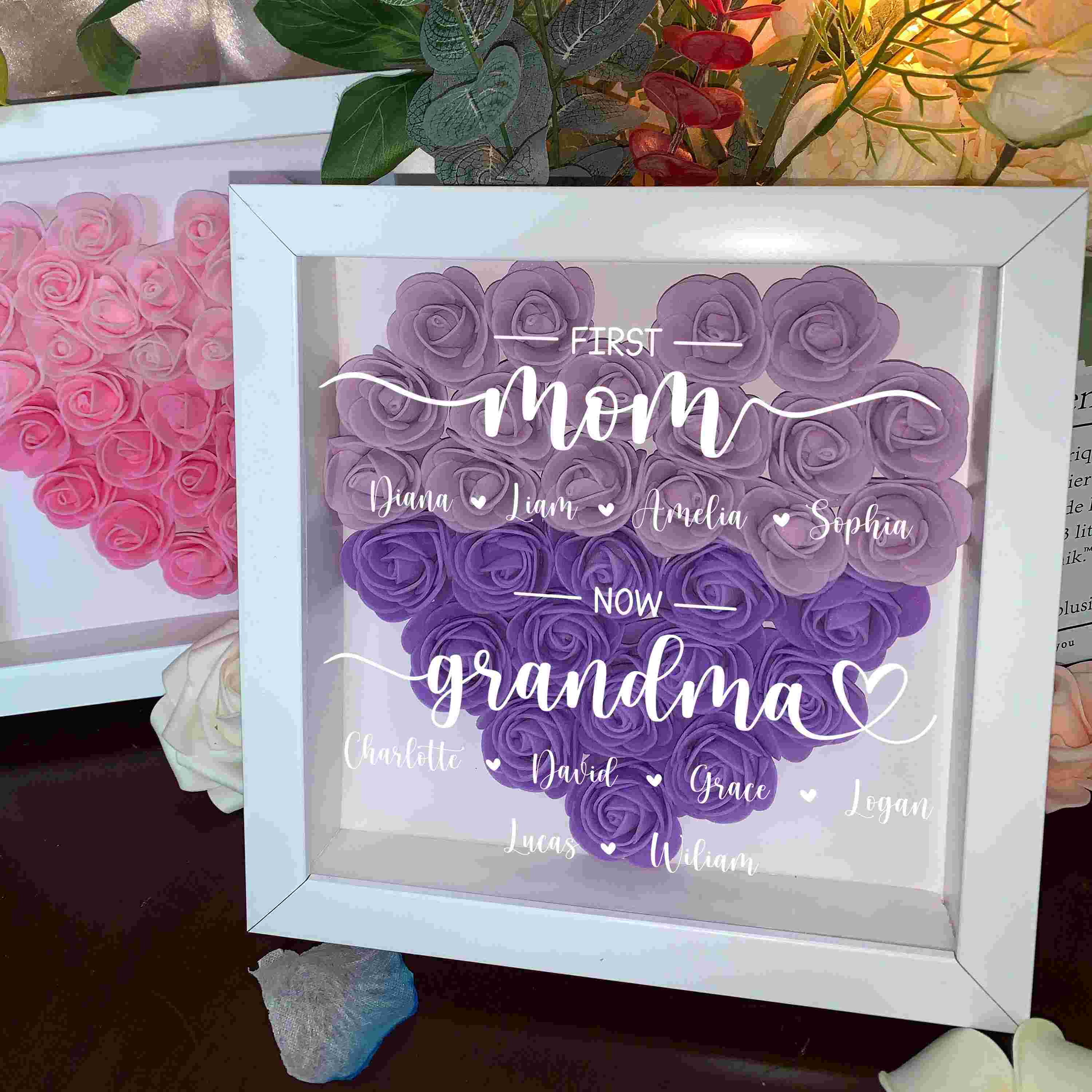 First Mom Now Grandma, Personalized Mom Heart Flower Shadow Box, Mother's Day Gift for Grandma Mom