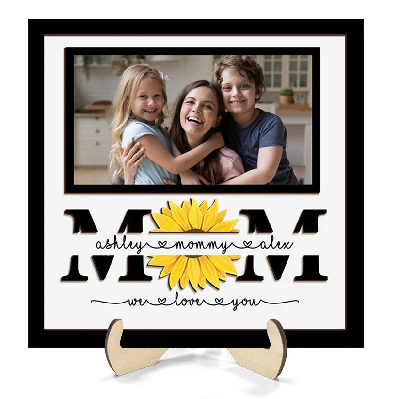 Personalized Family Photo Wooden Sign, Mom Flower Sign, Custom Kid Names Sign