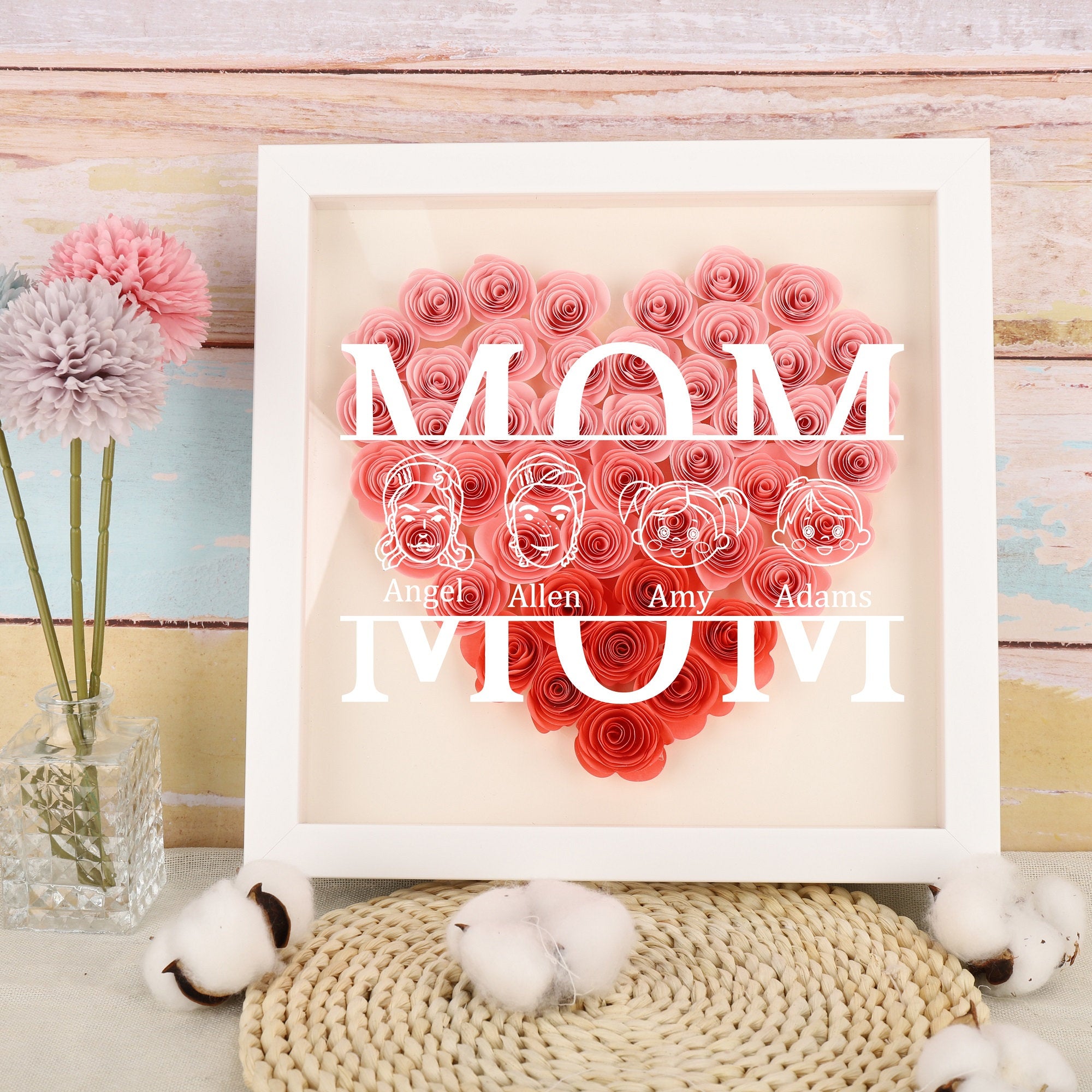 Mom Heart Shadowbox Frame Gift,Personalized Roses Shadow Box,Mother’s Day Gift