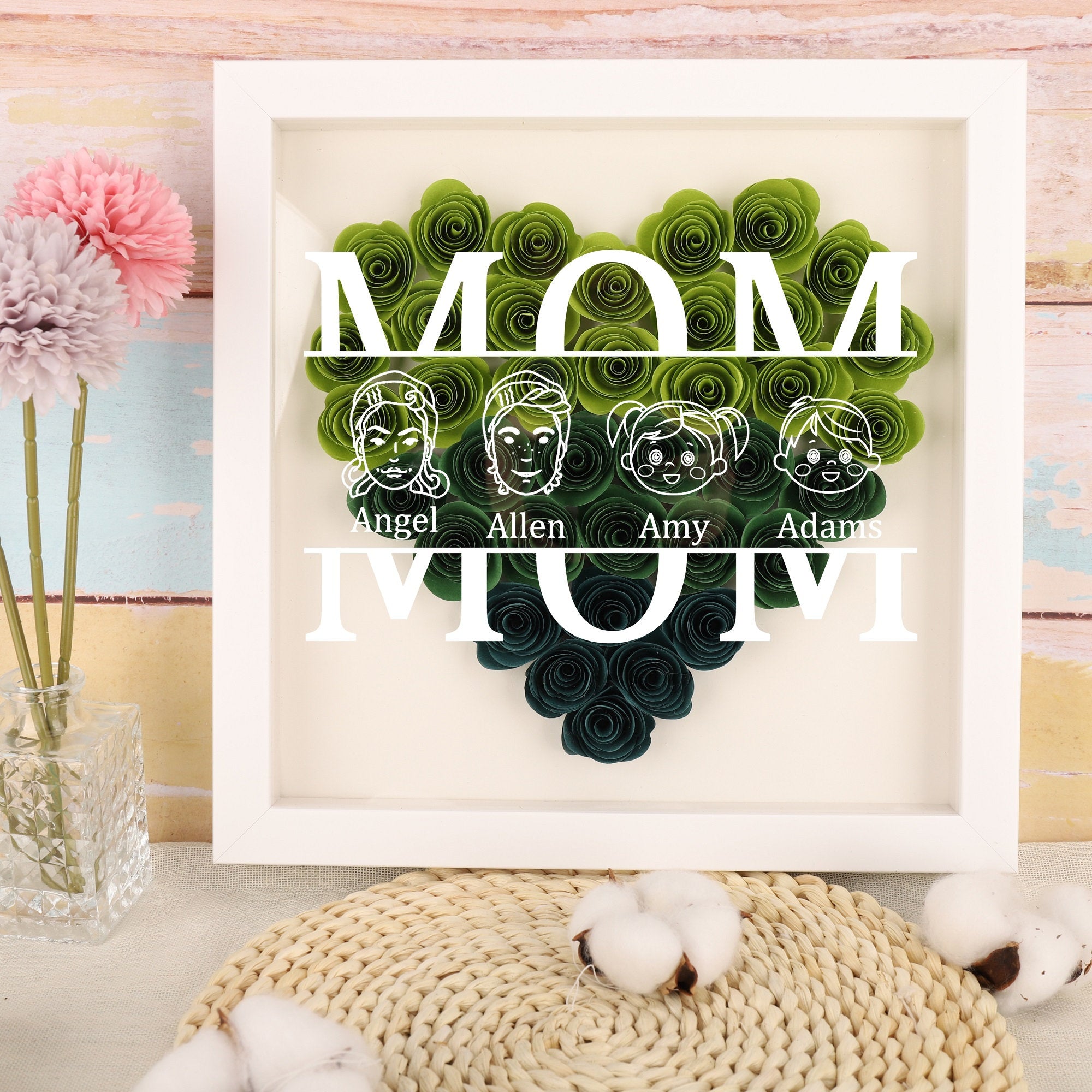 Mom Heart Shadowbox Frame Gift,Personalized Roses Shadow Box,Mother’s Day Gift