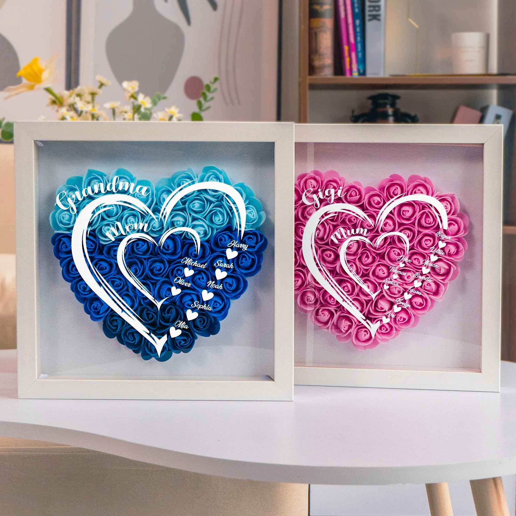 Grandma Hearts Mom Hearts - Personalized Flower Shadow Box