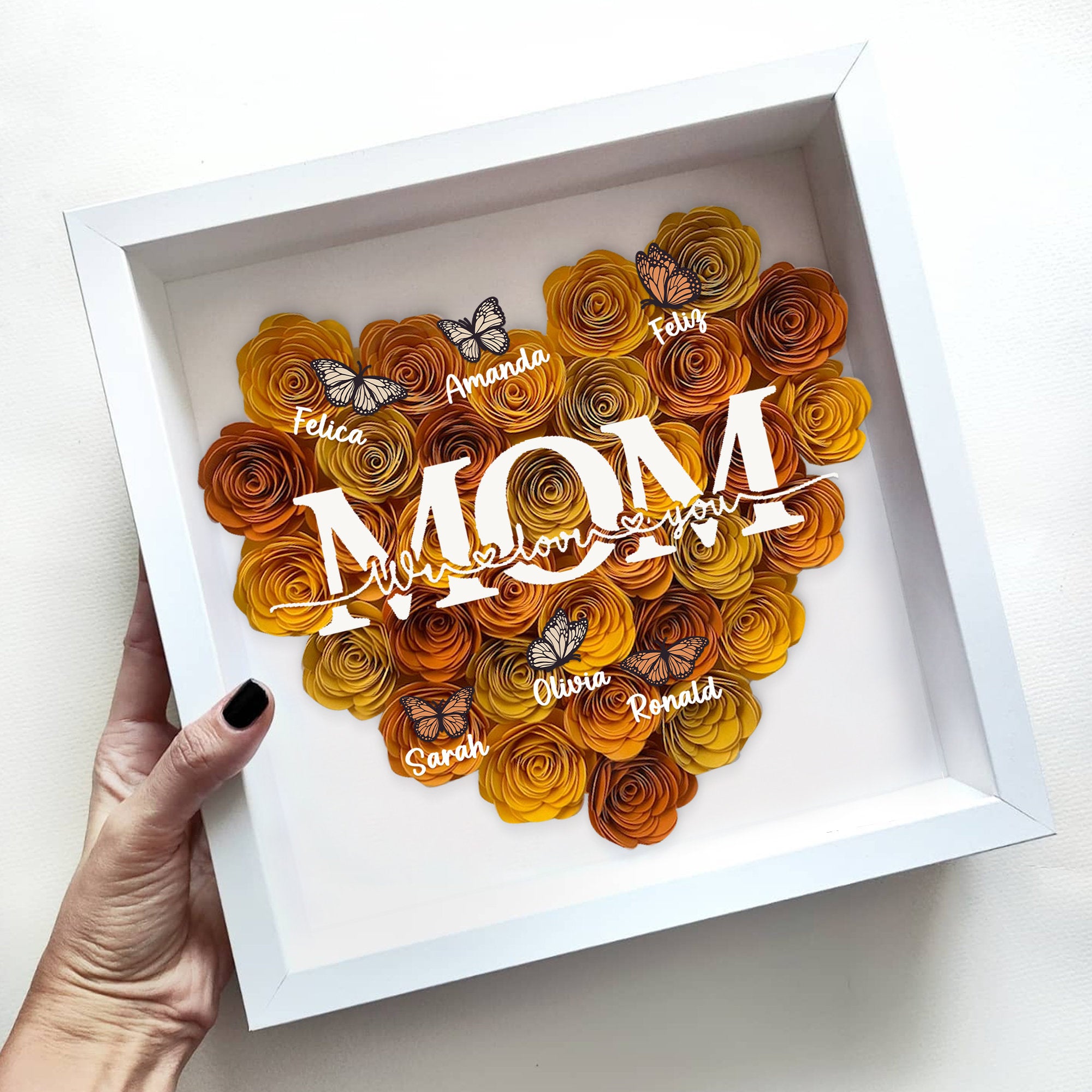 Custom Mom We Love You Rose Shadow Box With Butterfly Kids Names, Gifts For Mother's Day