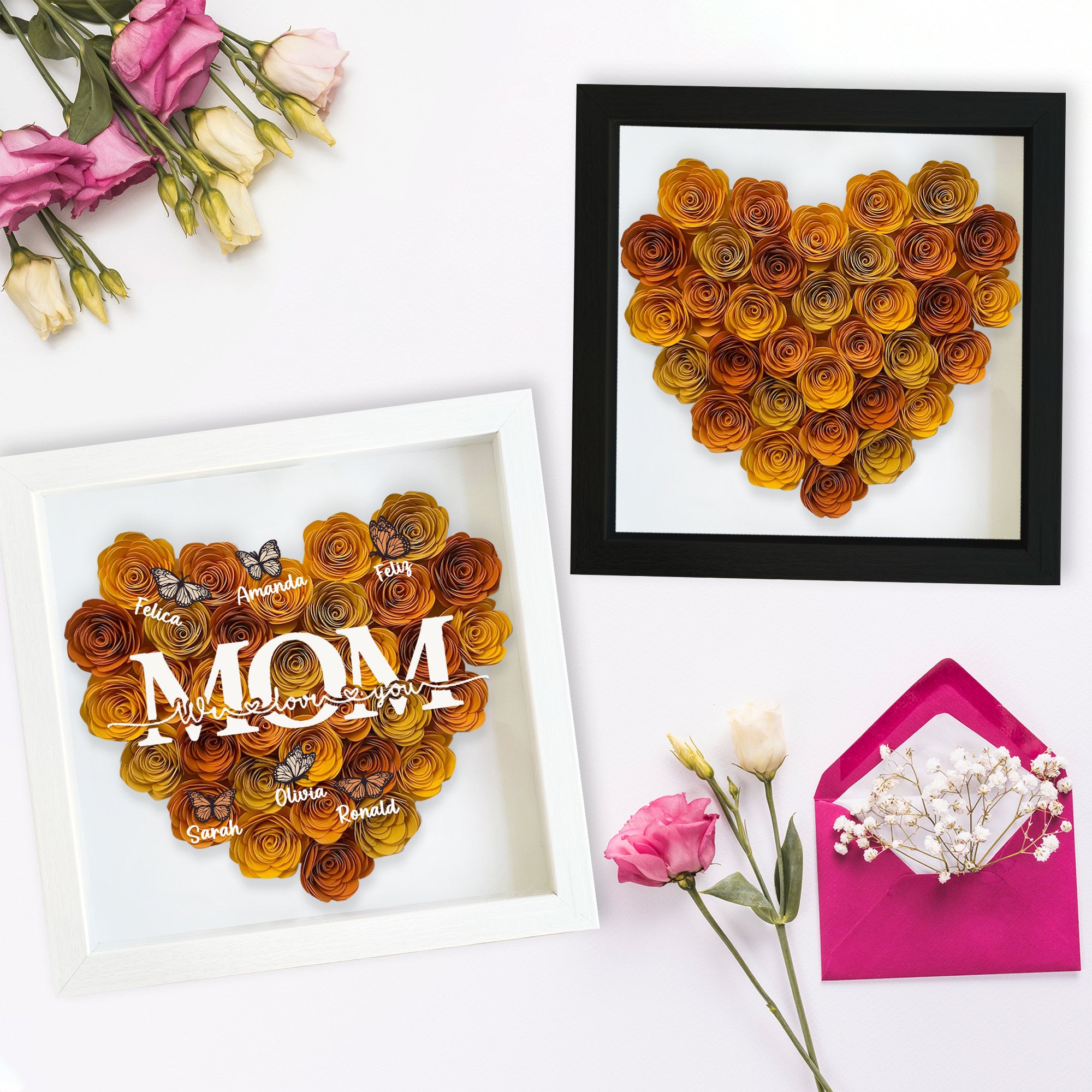 Custom Mom We Love You Rose Shadow Box With Butterfly Kids Names, Gifts For Mother's Day