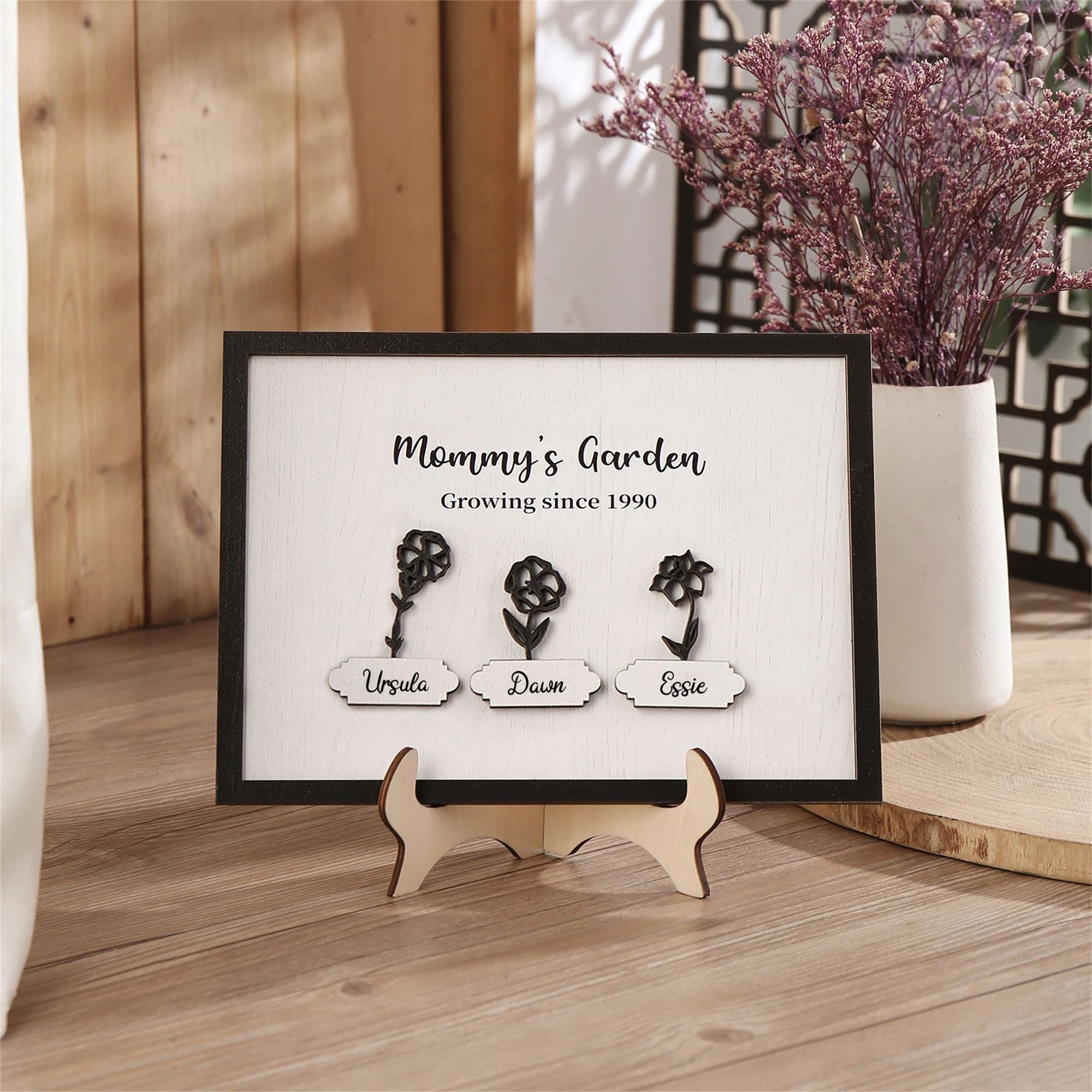 Personalized Mommy's Garden Birth Month Flower Frame Wood Sign, Present for Mom With Kids Names