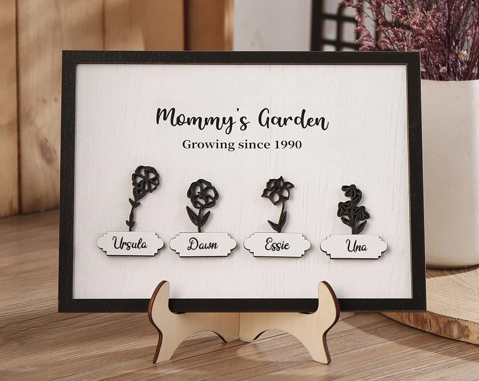 Personalized Mommy's Garden Birth Month Flower Frame Wood Sign, Present for Mom With Kids Names