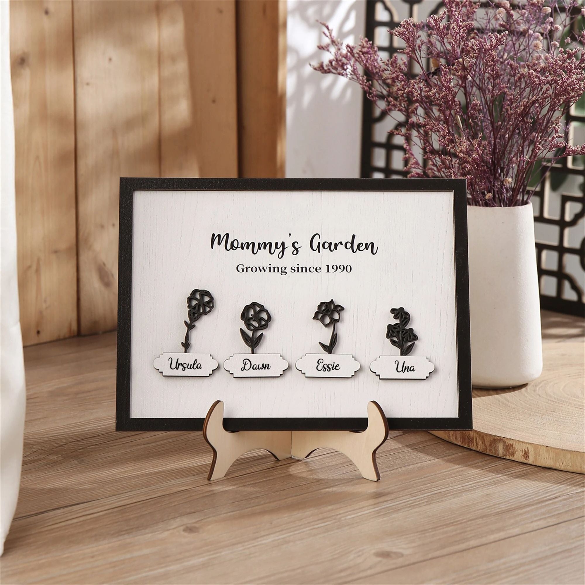 Personalized Mommy's Garden Birth Month Flower Frame Wood Sign, Present for Mom With Kids Names