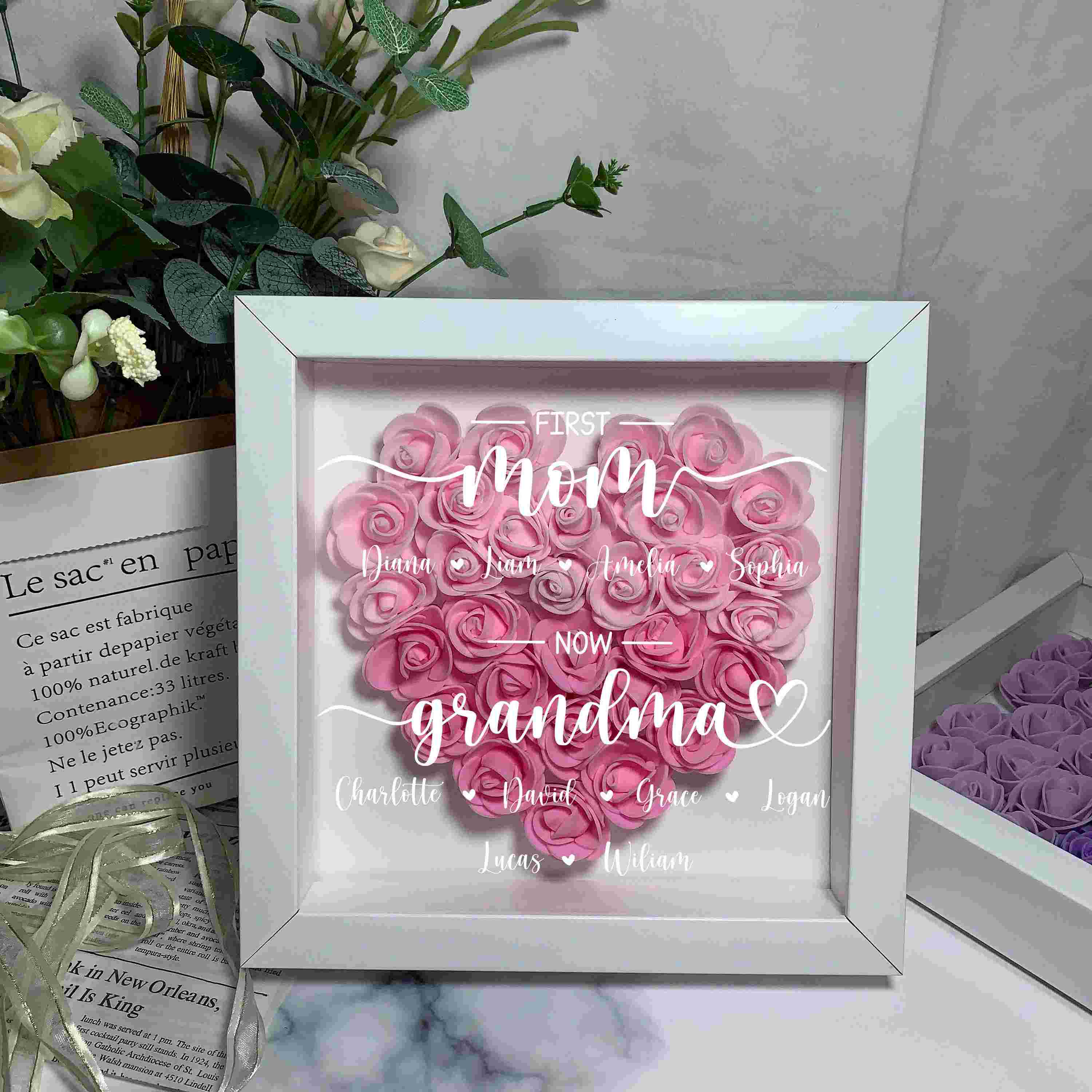 First Mom Now Grandma, Personalized Mom Heart Flower Shadow Box, Mother's Day Gift for Grandma Mom