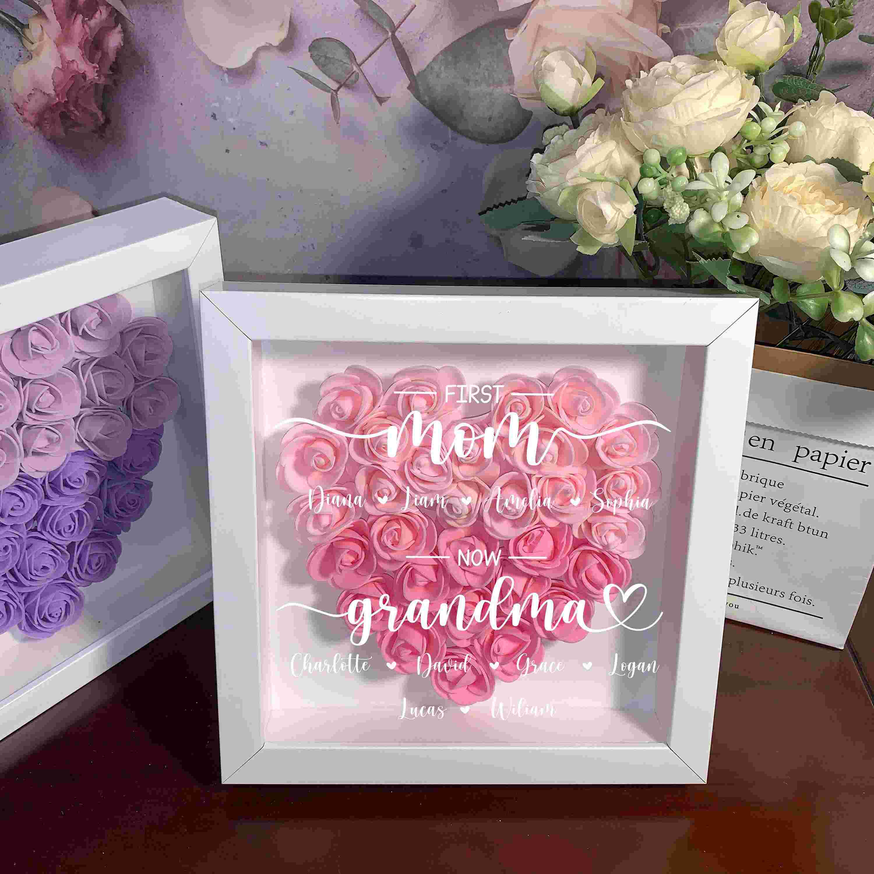 First Mom Now Grandma, Personalized Mom Heart Flower Shadow Box, Mother's Day Gift for Grandma Mom