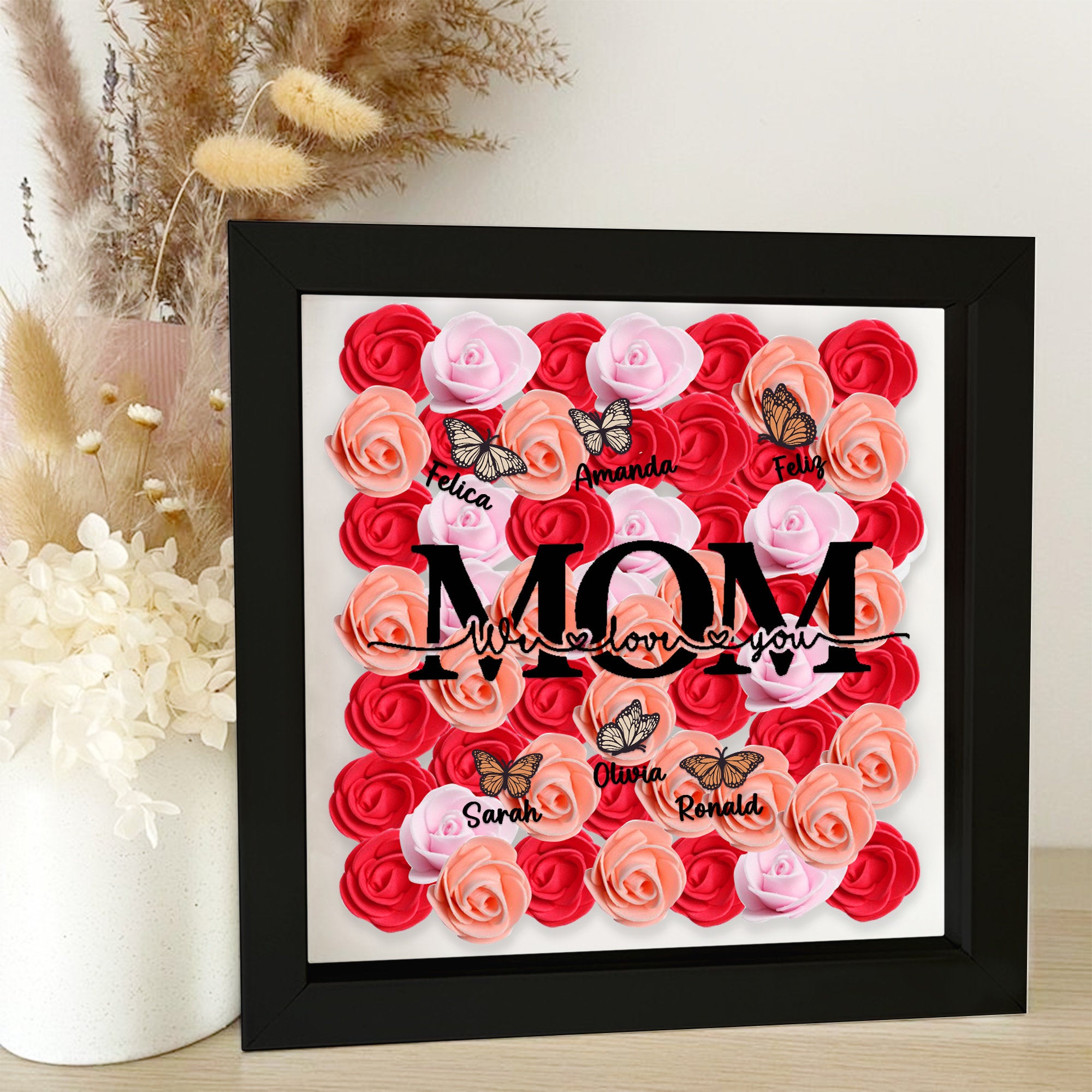 Custom Mom We Love You Rose Shadow Box With Butterfly Kids Names, Gifts For Mother's Day
