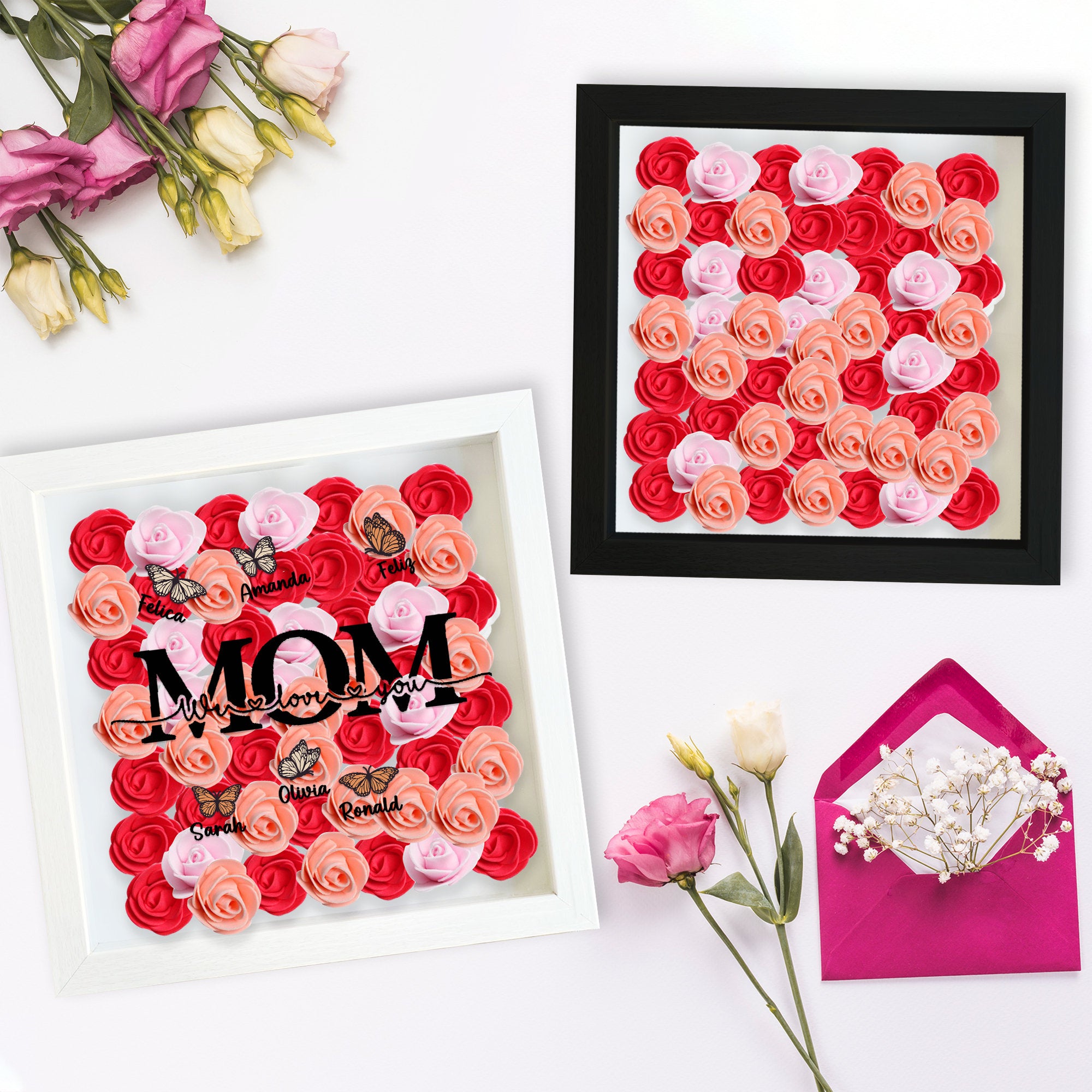 Custom Mom We Love You Rose Shadow Box With Butterfly Kids Names, Gifts For Mother's Day