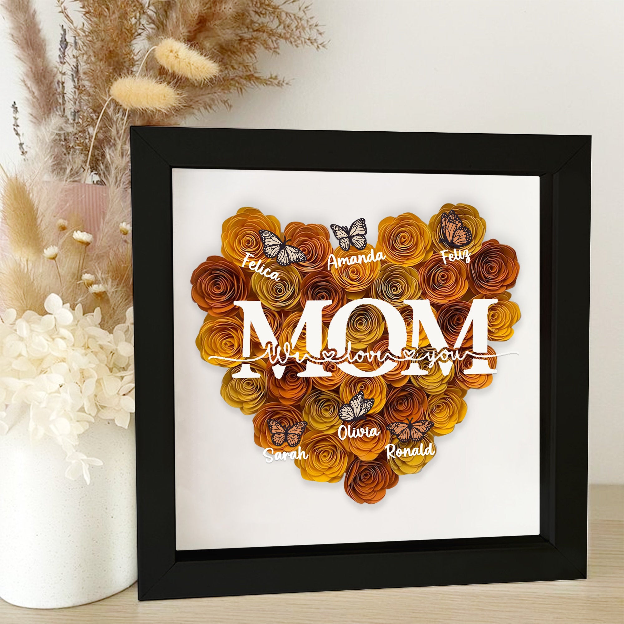 Custom Mom We Love You Rose Shadow Box With Butterfly Kids Names, Gifts For Mother's Day