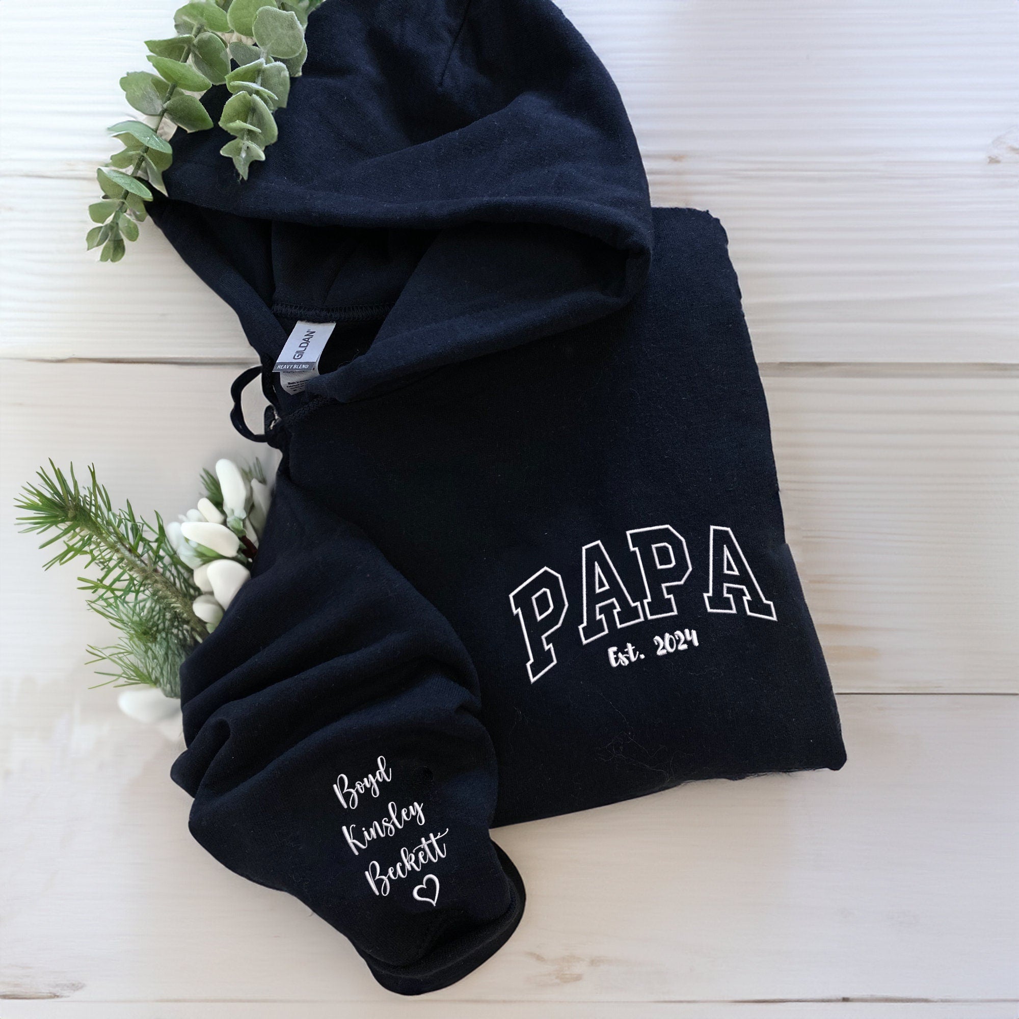 Custom Embroidered Papa Hoodie with Kids Names on Sleeve,Father's Day Gift