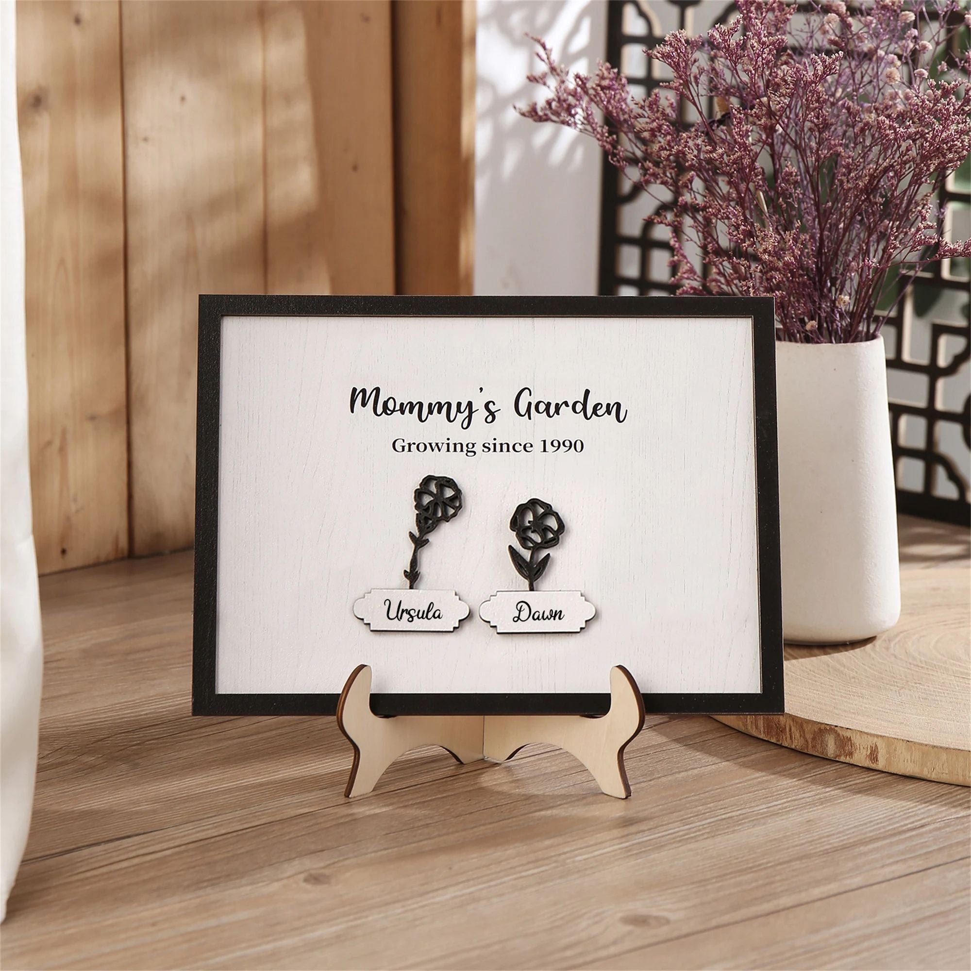 Personalized Mommy's Garden Birth Month Flower Frame Wood Sign, Present for Mom With Kids Names