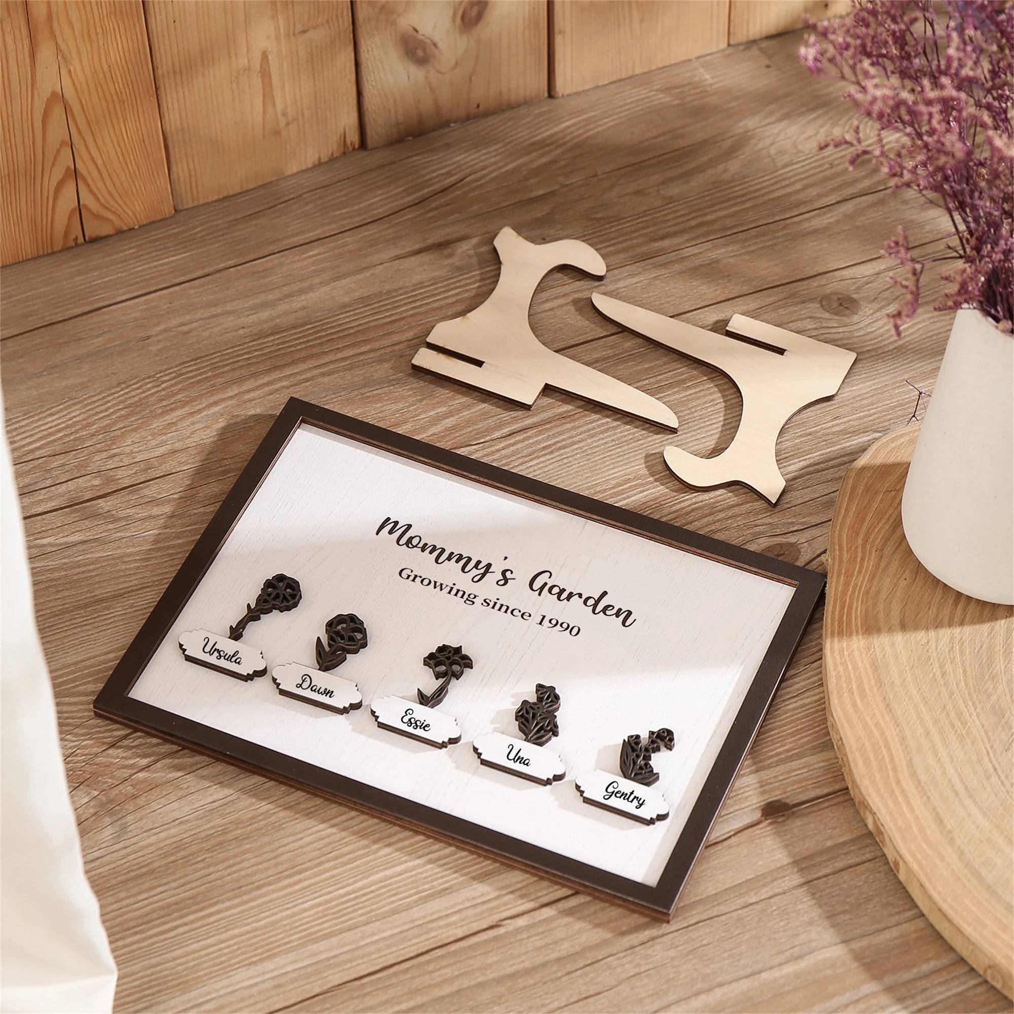 Personalized Mommy's Garden Birth Month Flower Frame Wood Sign, Present for Mom With Kids Names