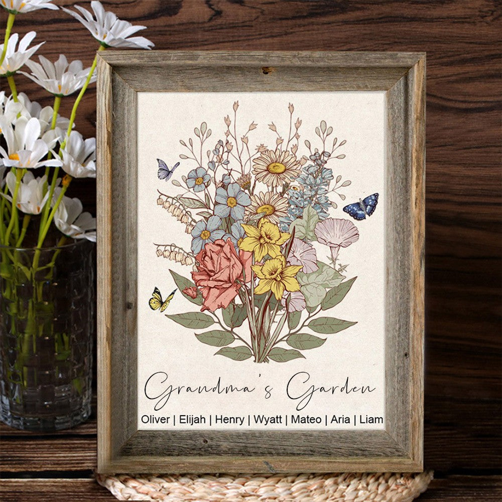 Custom Nana's Garden Birth Flower Bouquet Art Frame with Kids Names Gift Ideas for Mom