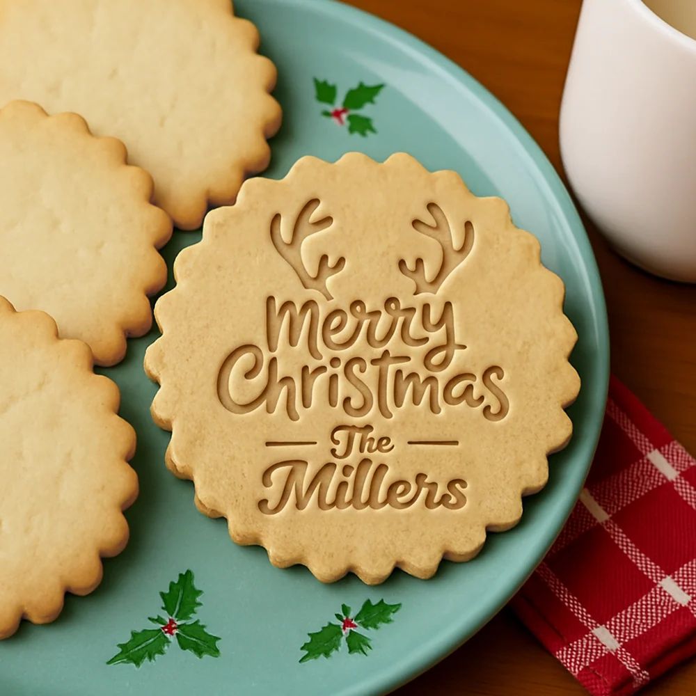 Custom Family Name Merry Christmas Cookie Stamp — Choose Reindeer Antlers or Santa Hat Design