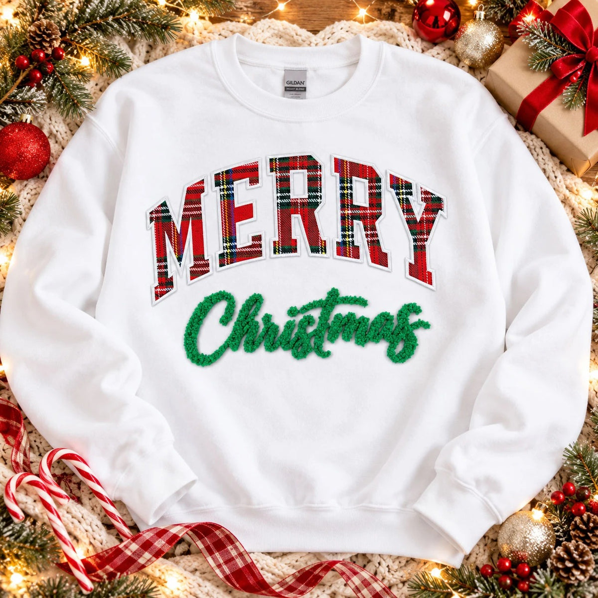 Merry Christmas Gingham Appliqué Patch Sweatshirt — Fluffy Holiday Design