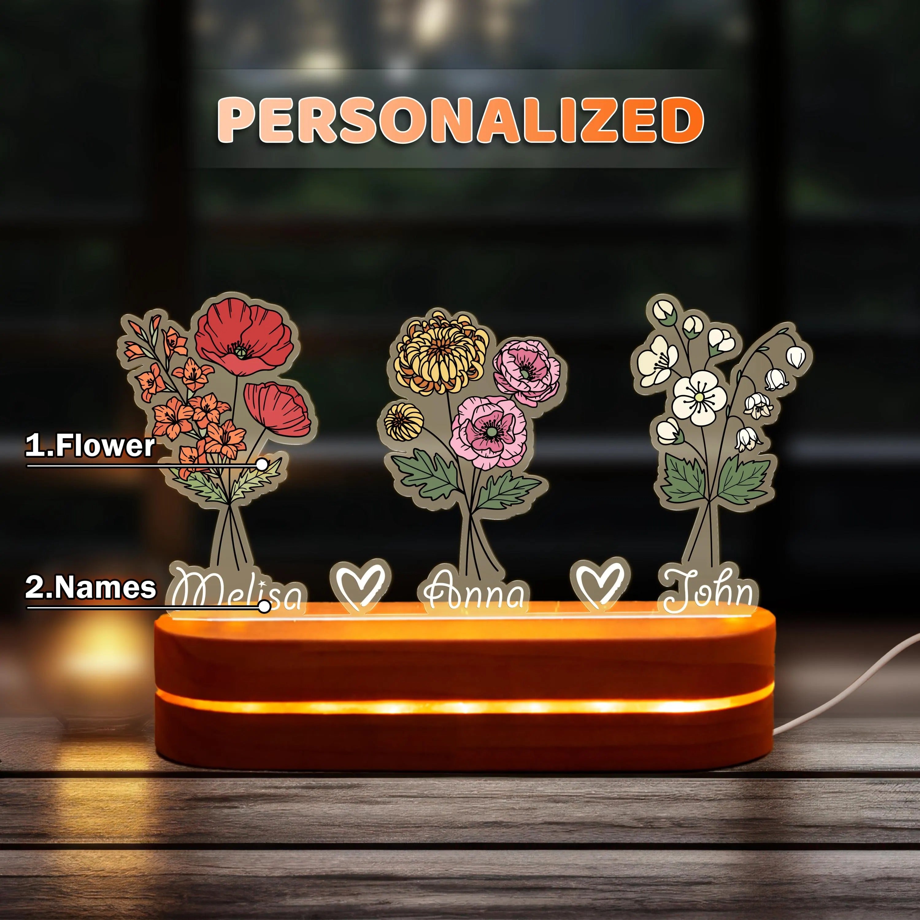 Custom Grandma's Garden Birth Flower Night Light, Mom's Garden, Gift for Mom, Grandma Gift