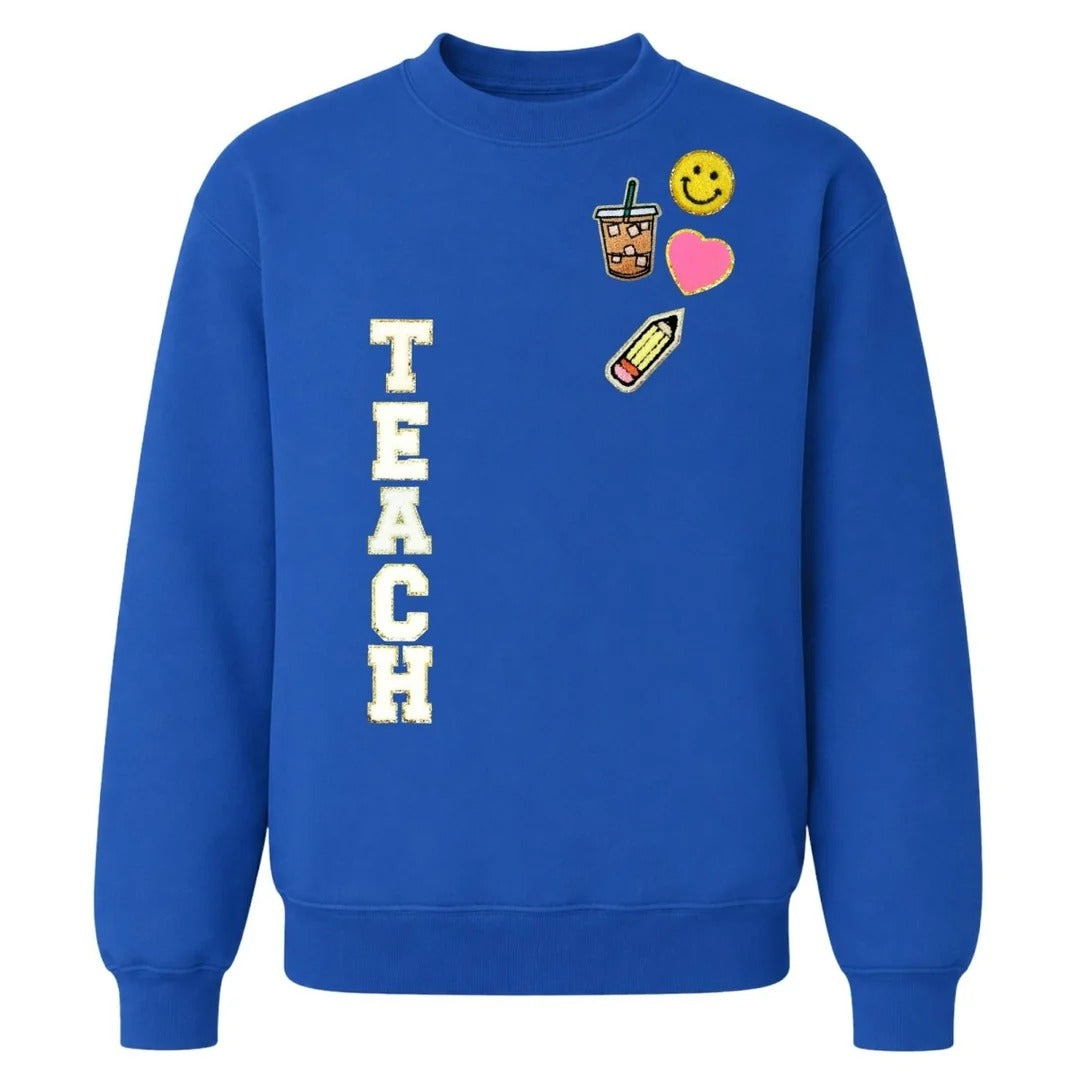 Custom Glitter “TEACH” Letter Patch Sweatshirt – Coordinating Smiley, Coffee, Pencil & Heart Icons for Teachers