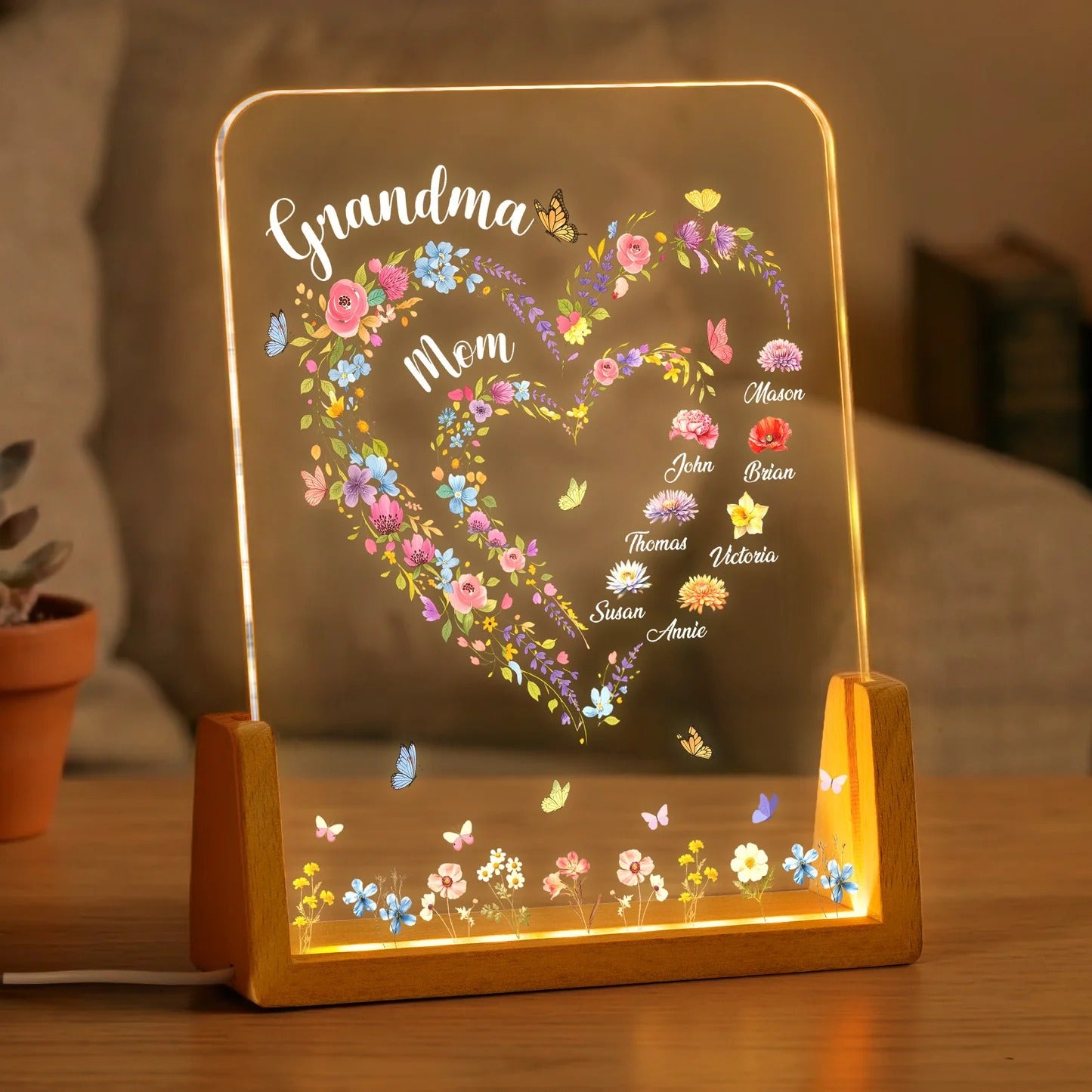 First Mom Now Grandma Heart Flower With Kids' Names & Birth Flower Personalized Night Light-Mother's Day Gift