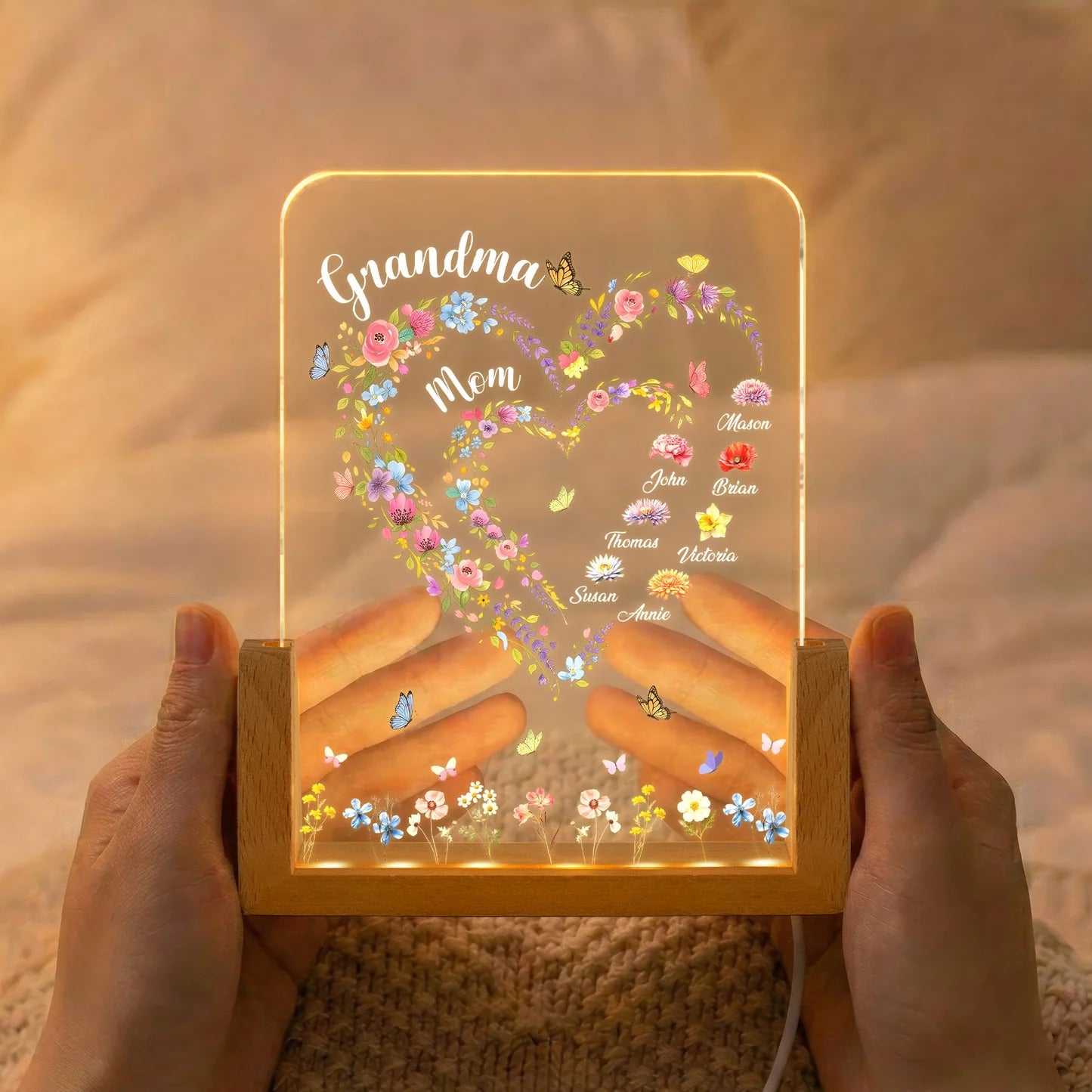 First Mom Now Grandma Heart Flower With Kids' Names & Birth Flower Personalized Night Light-Mother's Day Gift