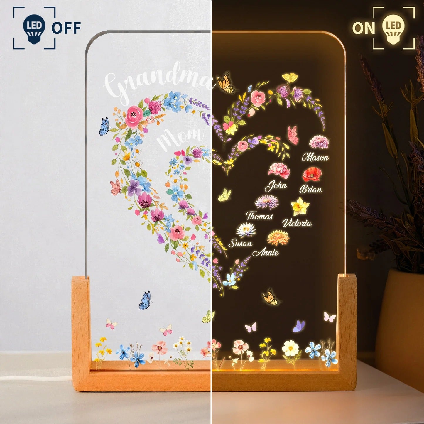 First Mom Now Grandma Heart Flower With Kids' Names & Birth Flower Personalized Night Light-Mother's Day Gift
