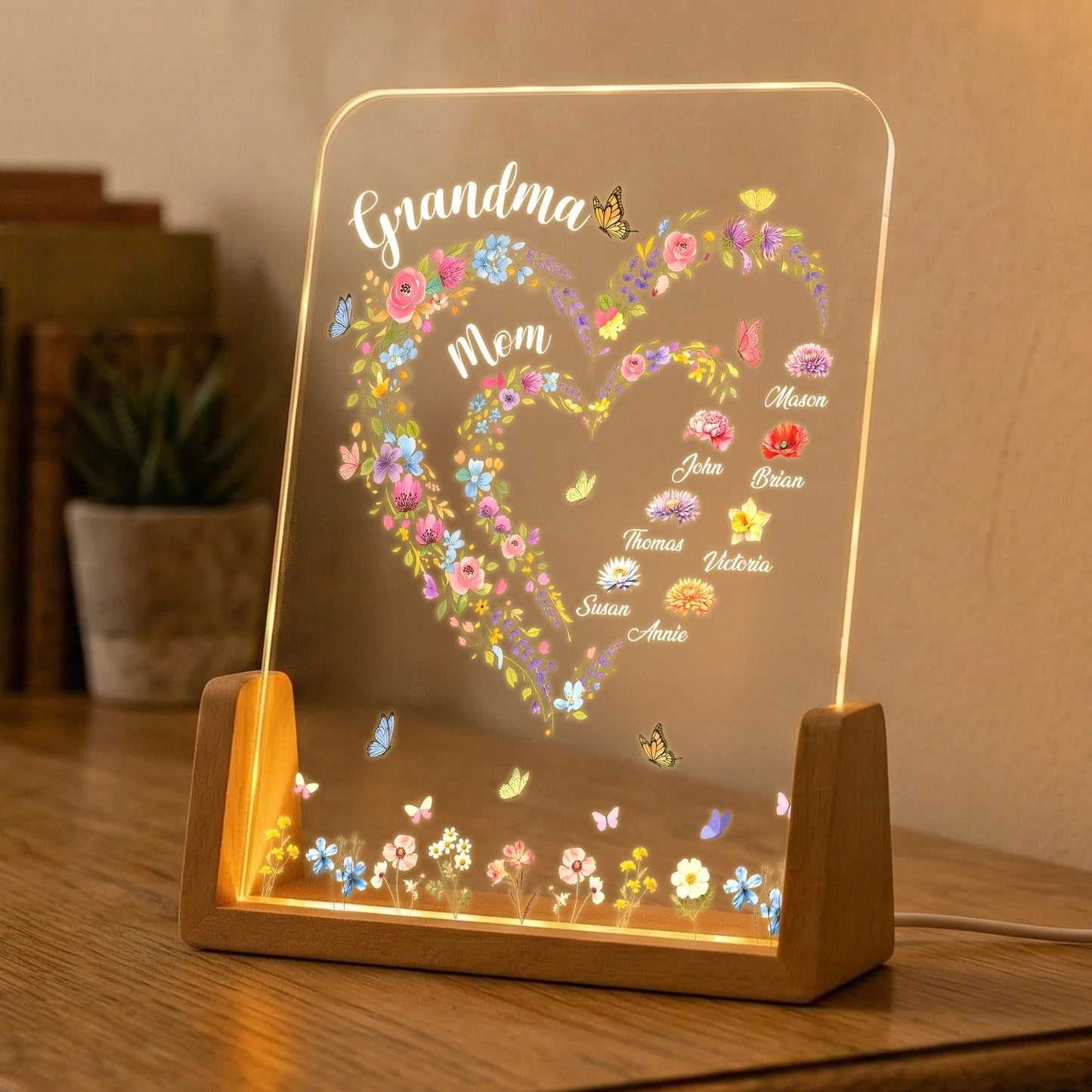 First Mom Now Grandma Heart Flower With Kids' Names & Birth Flower Personalized Night Light-Mother's Day Gift