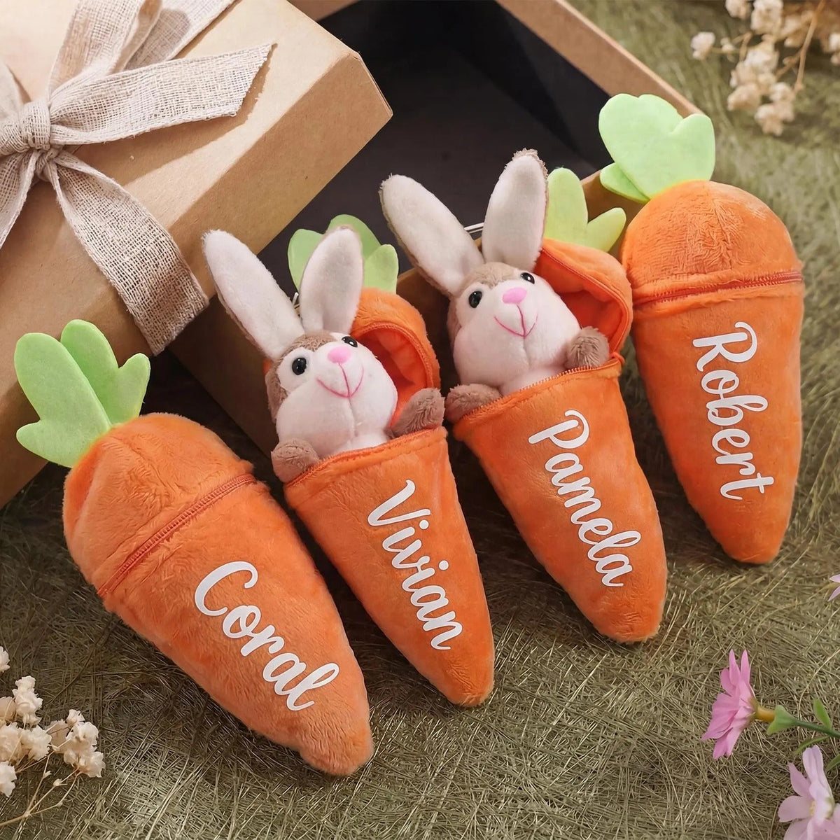 Personalized Bunny in Carrot Keychain — Plush Reversible Rabbit Charm, Custom Name Stuffed Keychain & Bag Charm