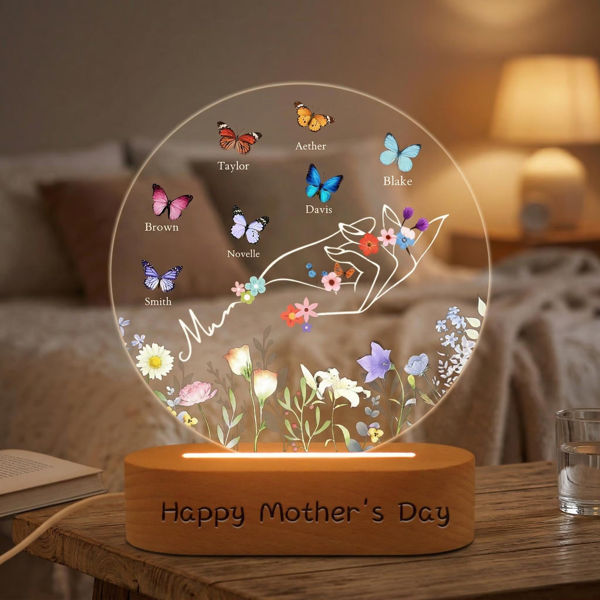 Custom Mom's Hand LED With Butterfly Name Lamp, Personalized Floral Holding Light, Mother's Day Gift