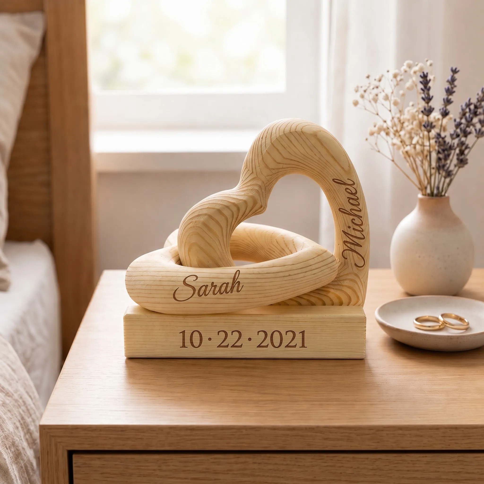 Personalized Wooden Infinity Heart Sculpture, Custom Couple Anniversary Gift, Romantic Home Decor