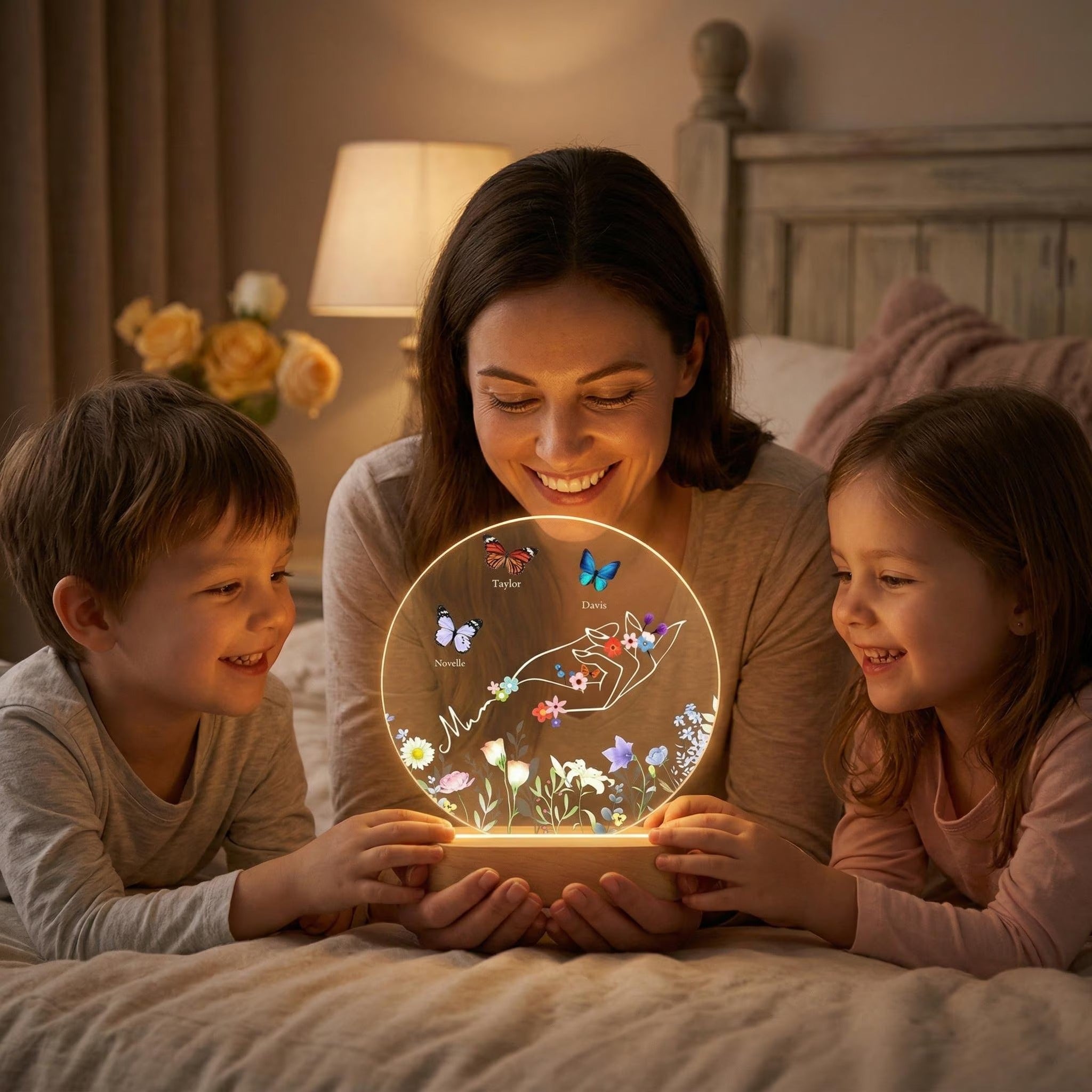 Custom Mom's Hand LED With Butterfly Name Lamp, Personalized Floral Holding Light, Mother's Day Gift