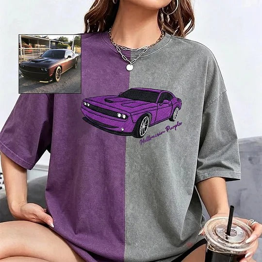 Personalized Vehicle Photo Embroidery on Washed T-Shirt Sweatshirt Hoodie Custom Ride Gift
