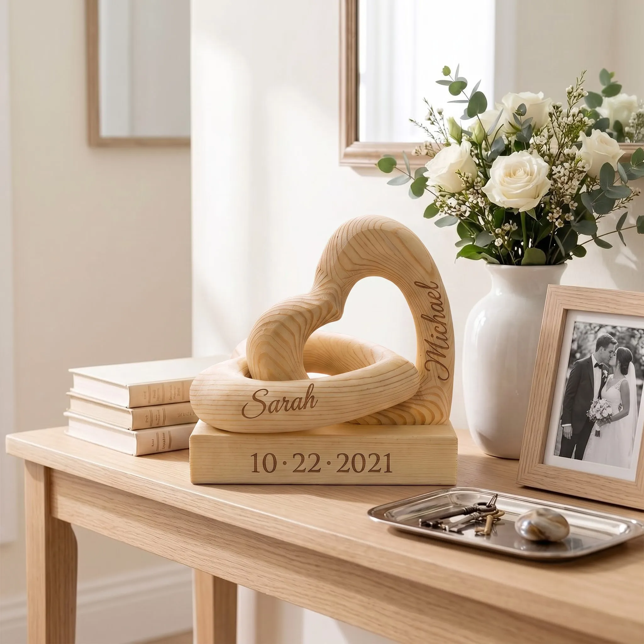 Personalized Wooden Infinity Heart Sculpture, Custom Couple Anniversary Gift, Romantic Home Decor