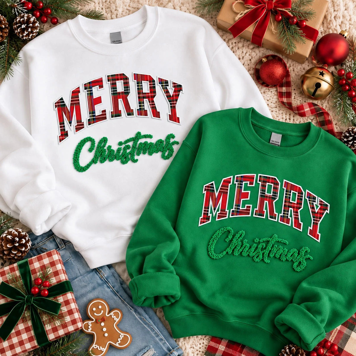 Merry Christmas Gingham Appliqué Patch Sweatshirt — Fluffy Holiday Design