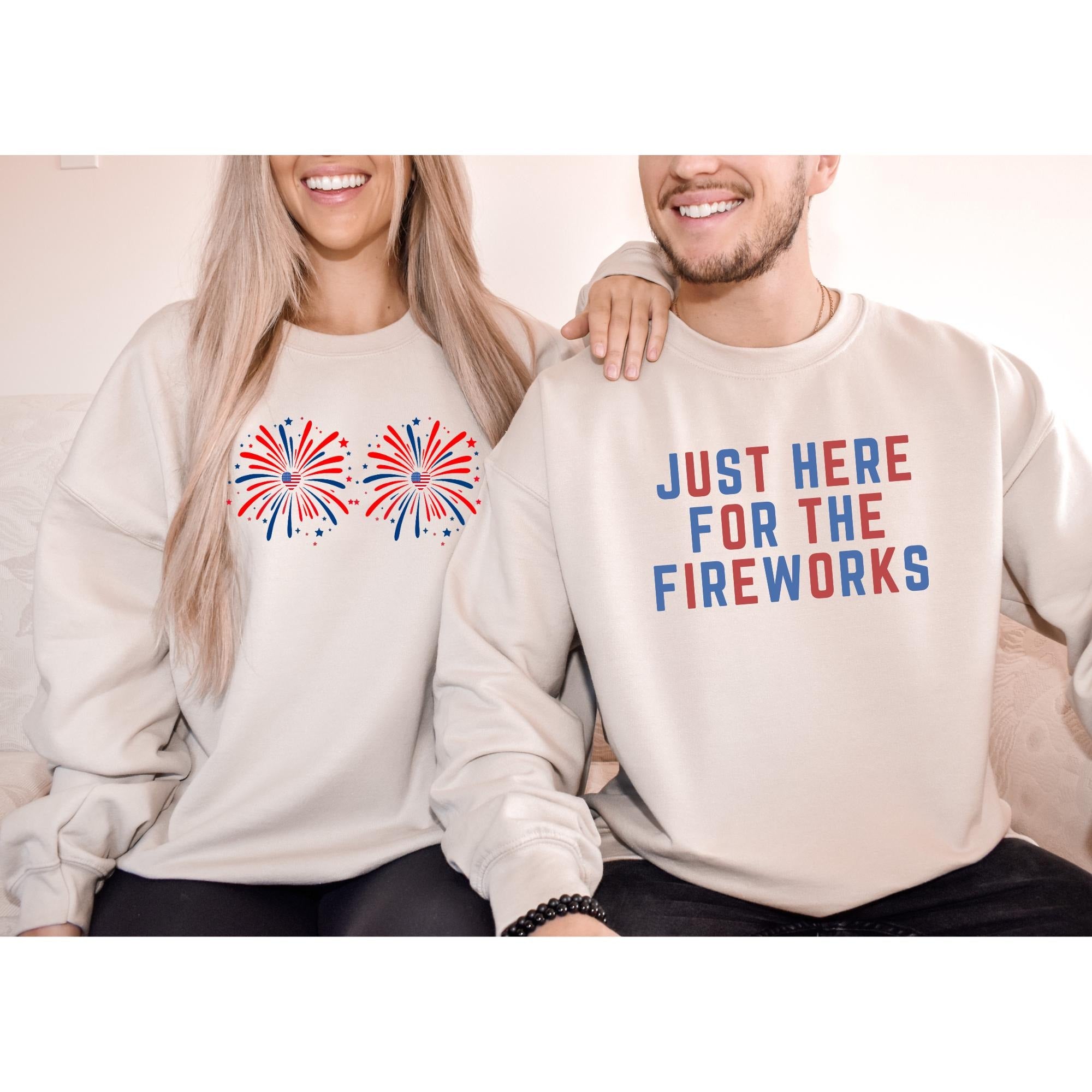 Funny Couple Matching 4th of July Couples Shirt – Just Here for the Fireworks, American Flag Tee