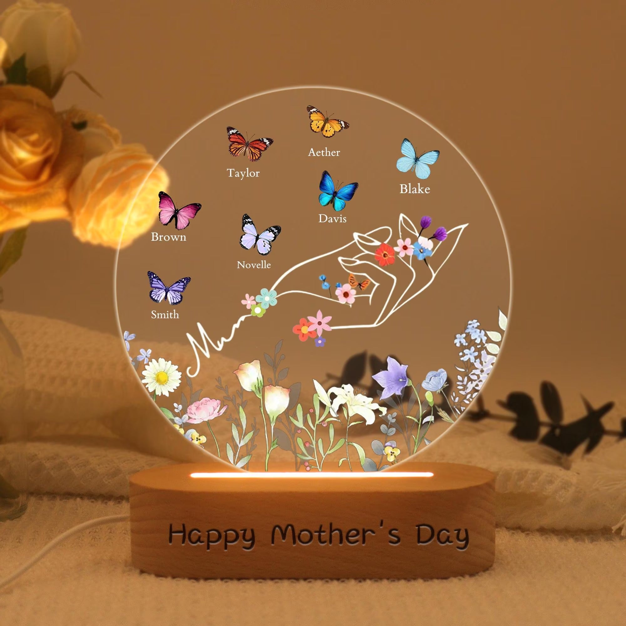 Custom Mom's Hand LED With Butterfly Name Lamp, Personalized Floral Holding Light, Mother's Day Gift