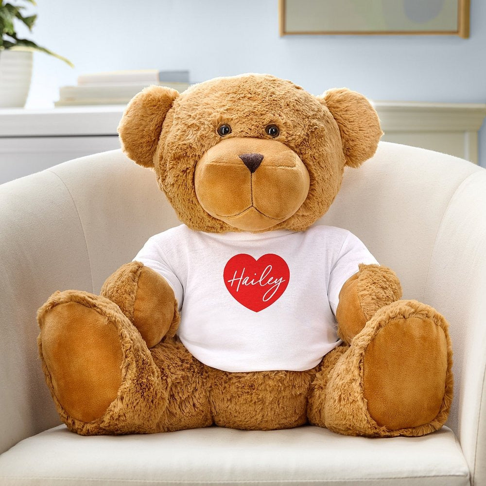Plush Teddy Bear with Playful Hearts Tee — Custom Design Stuffed Bear, Cute Gift for Him & Her