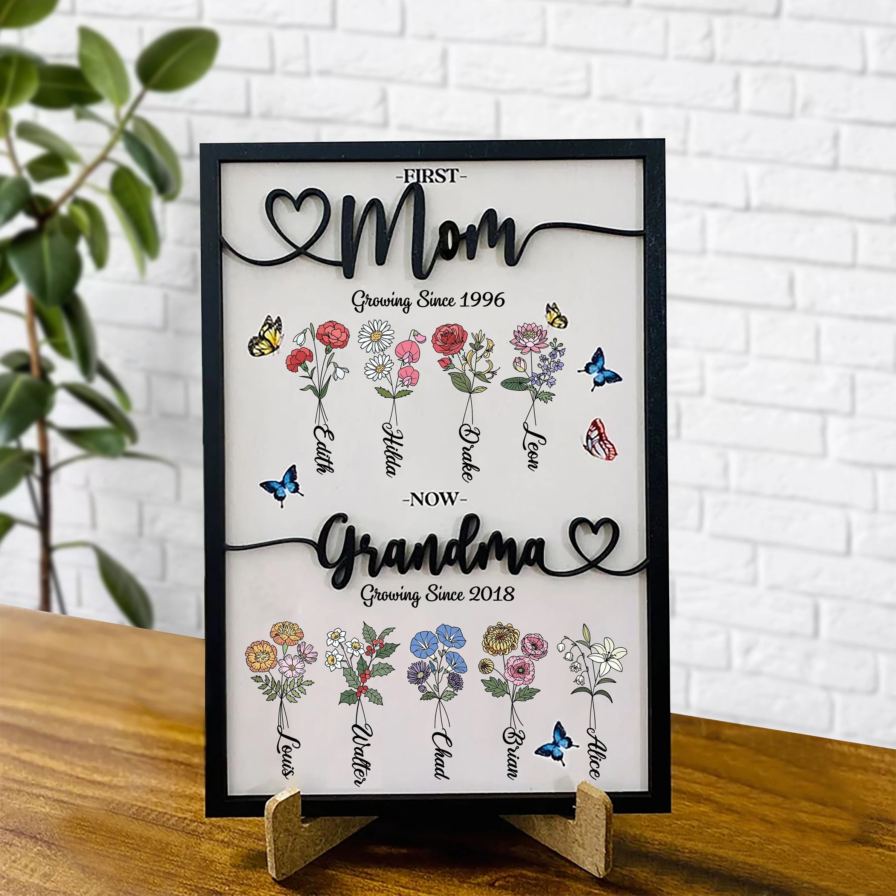 Customized First Mom Now Grandma Wood Sign, Birth Month Flowers Board Sign, Grandma Wooden Sign