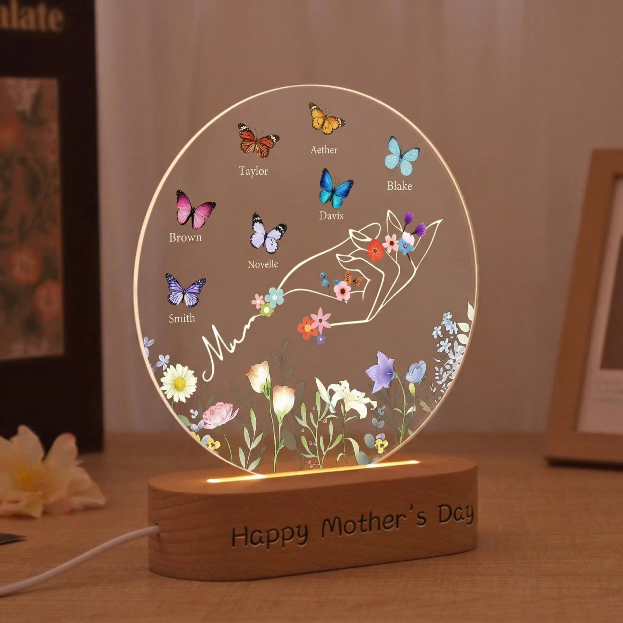 Custom Mom's Hand LED With Butterfly Name Lamp, Personalized Floral Holding Light, Mother's Day Gift