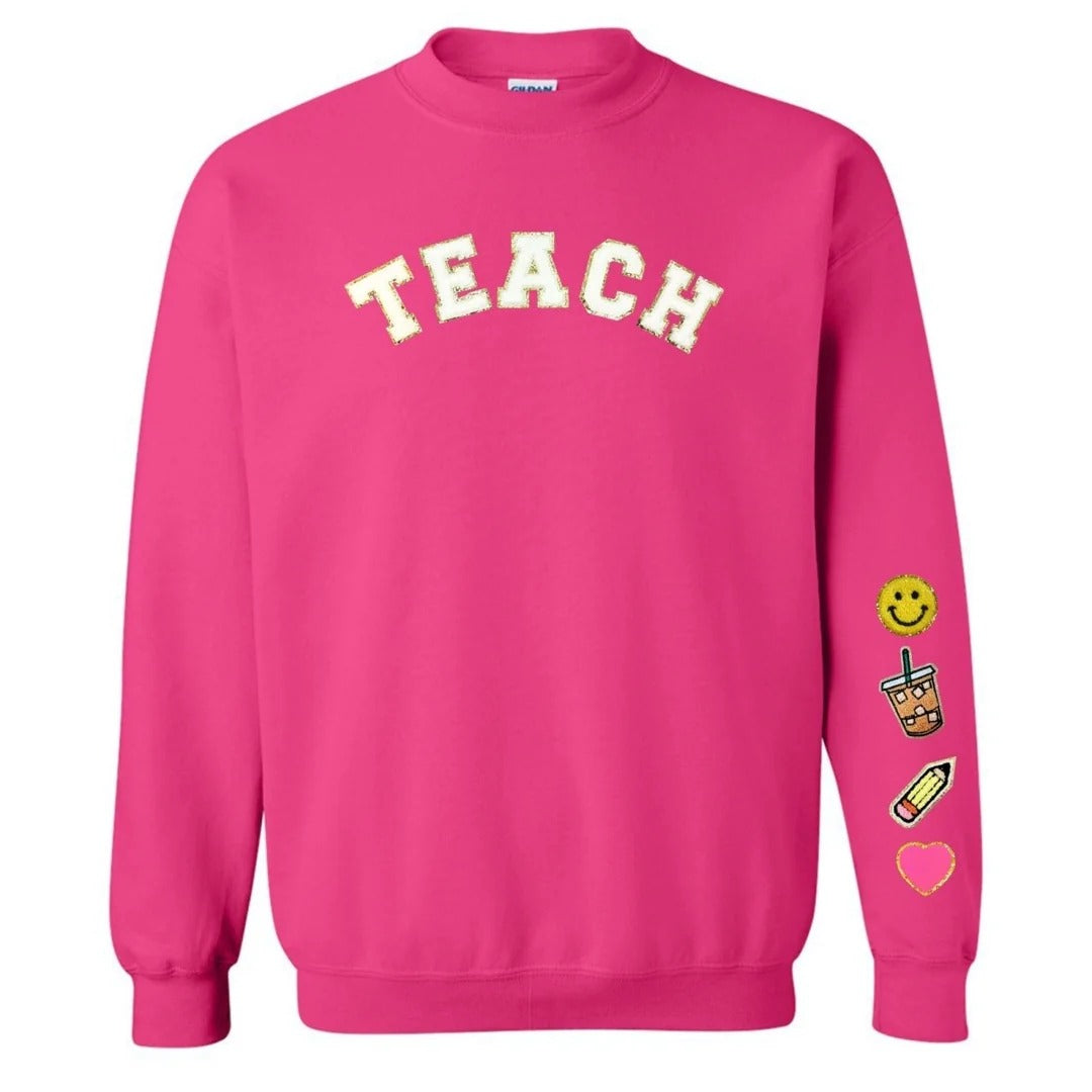 Custom Glitter “TEACH” Letter Patch Sweatshirt – Coordinating Smiley, Coffee, Pencil & Heart Icons for Teachers