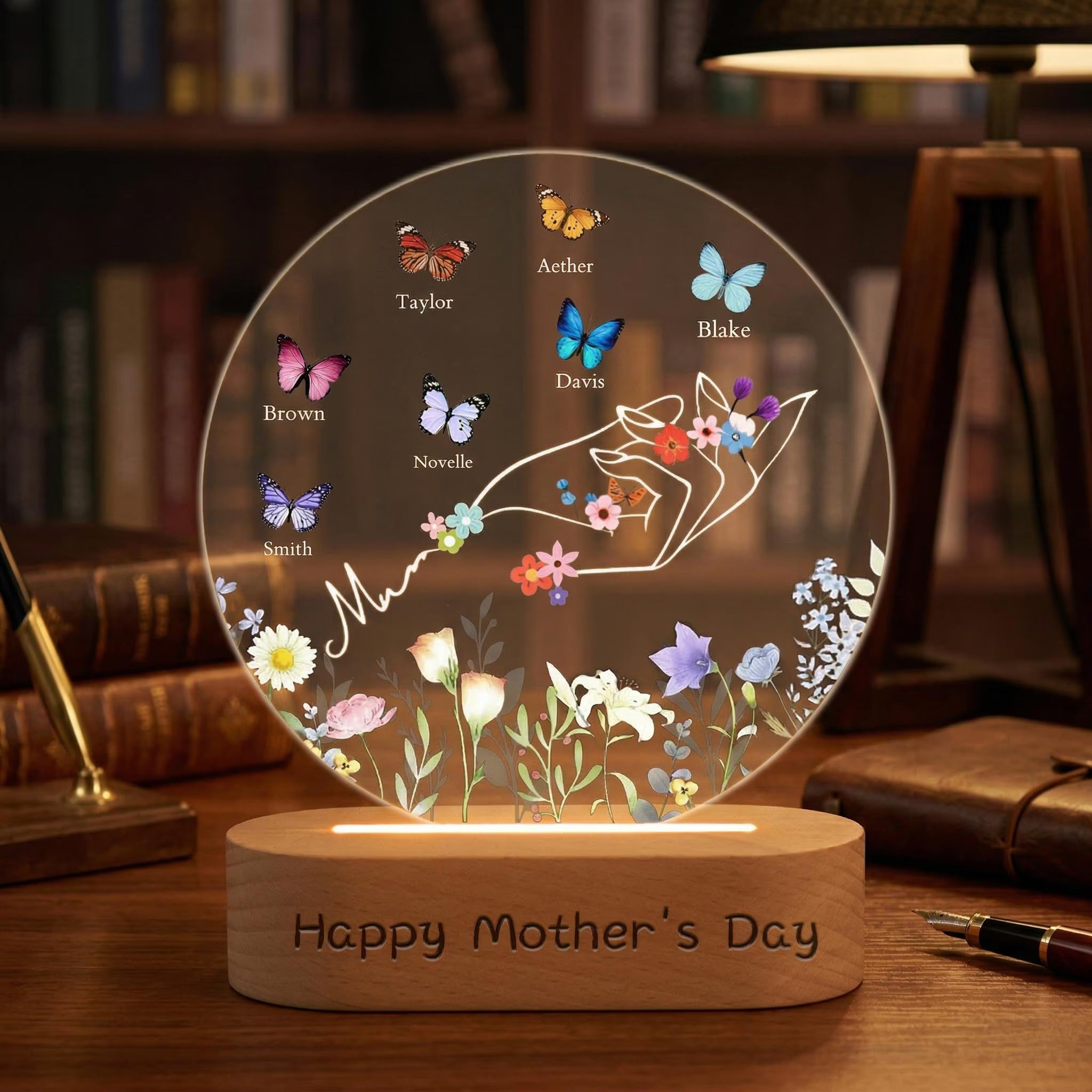Custom Mom's Hand LED With Butterfly Name Lamp, Personalized Floral Holding Light, Mother's Day Gift