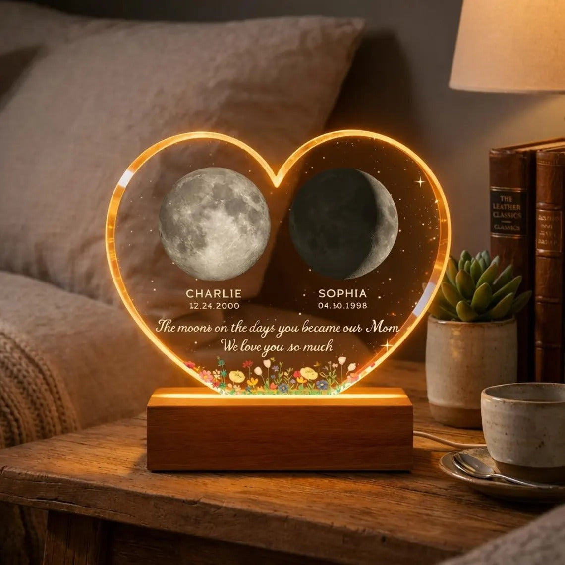 The Days You Became Our Mom, Custom Moon Phase by Date - Custom Heart/Circle Shape Acrylic LED Night Light - Heartfelt Mother's Day Gift for Mom