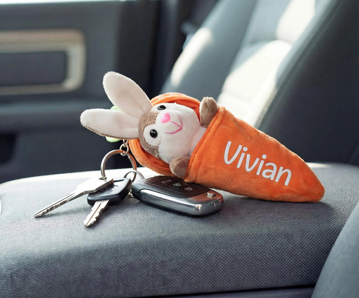 Personalized Bunny in Carrot Keychain — Plush Reversible Rabbit Charm, Custom Name Stuffed Keychain & Bag Charm