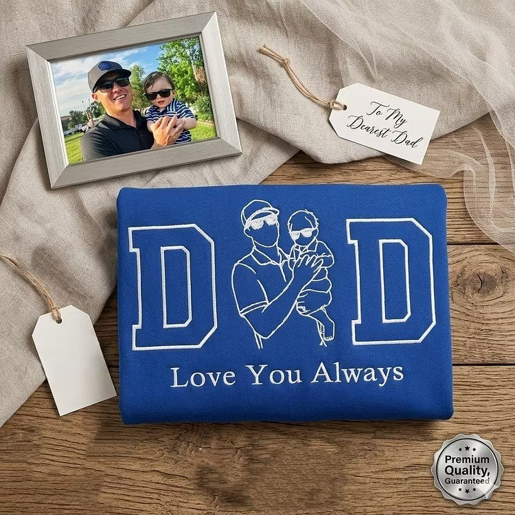 Personalized DAD Outline Sweatshirt – Custom Embroidered Silhouette & Sleeve Text – Father’s Day Gift