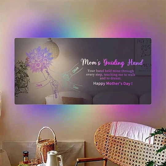 (Tulip, Rose & Carnation) Personalized Mom Holding Hands Mirror Light - Custom Mother‘s Day Gifts for Mom