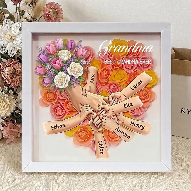 Tulips & White Roses Personalized Mom Holding Hands Shadow Box – Custom Name Remembrance Frame, Mother’s Day In Loving Memory Gift