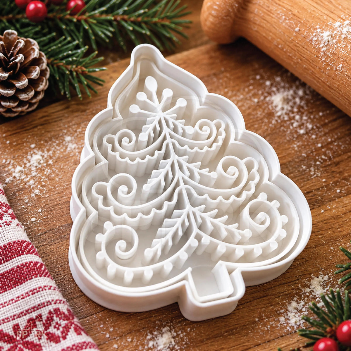 Christmas Tree Cookie Stamp and Cutter — Holiday Baking Tool with Festive Tree Design